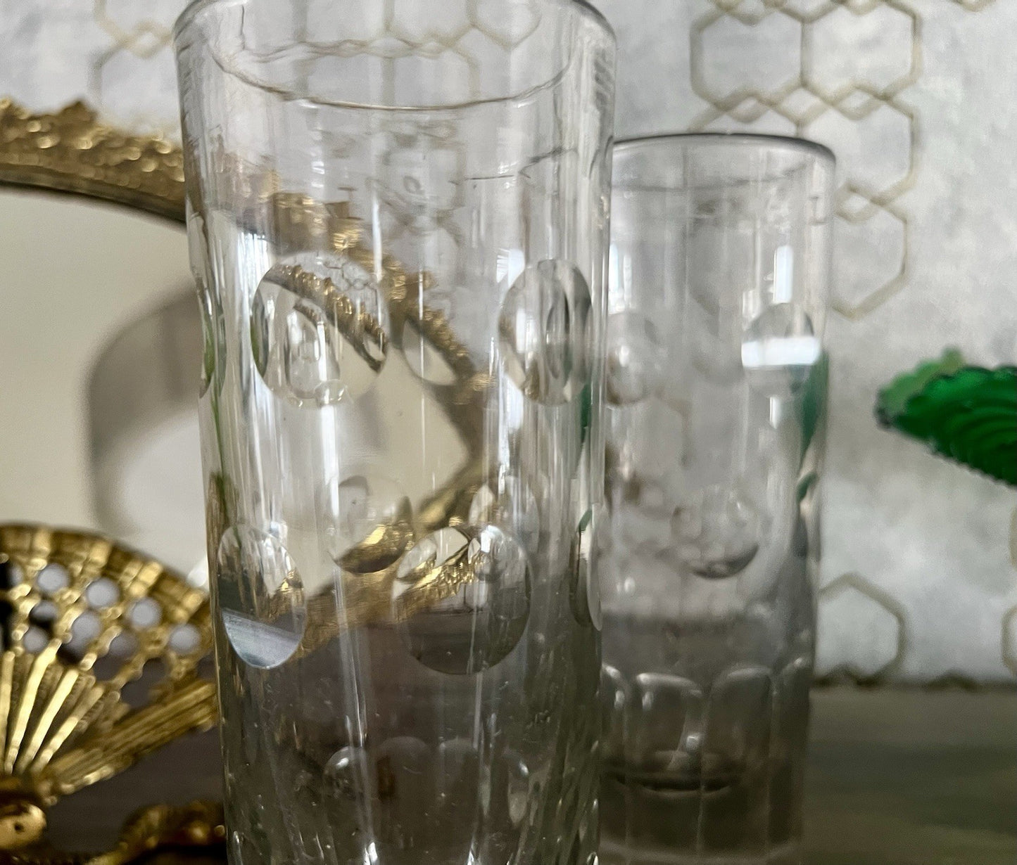 Antik ~1870 2 hohe Becher Gläser Glas Schälschliff  Oliven Eichstrich Dubben?