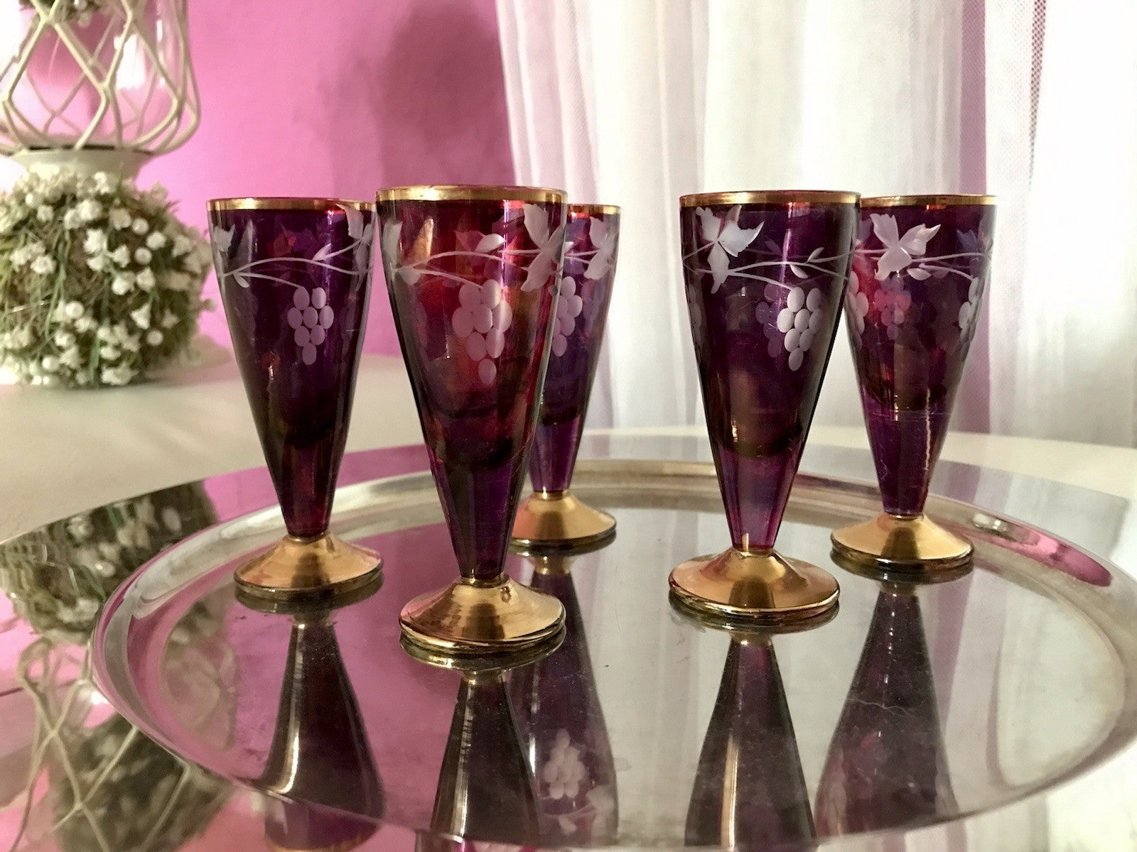 Antik Jugendstil Art Déco 5 Pinnchen Schnapsgläser Golddekor Gläser Schliff ROT