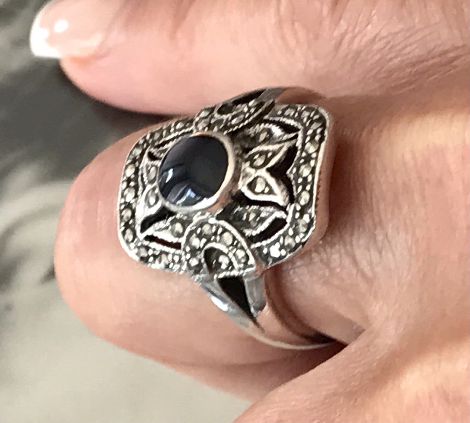 Antik Art Déco Damen Schiffchen Ring 925 Silber Gr.60 Onyx Markasite