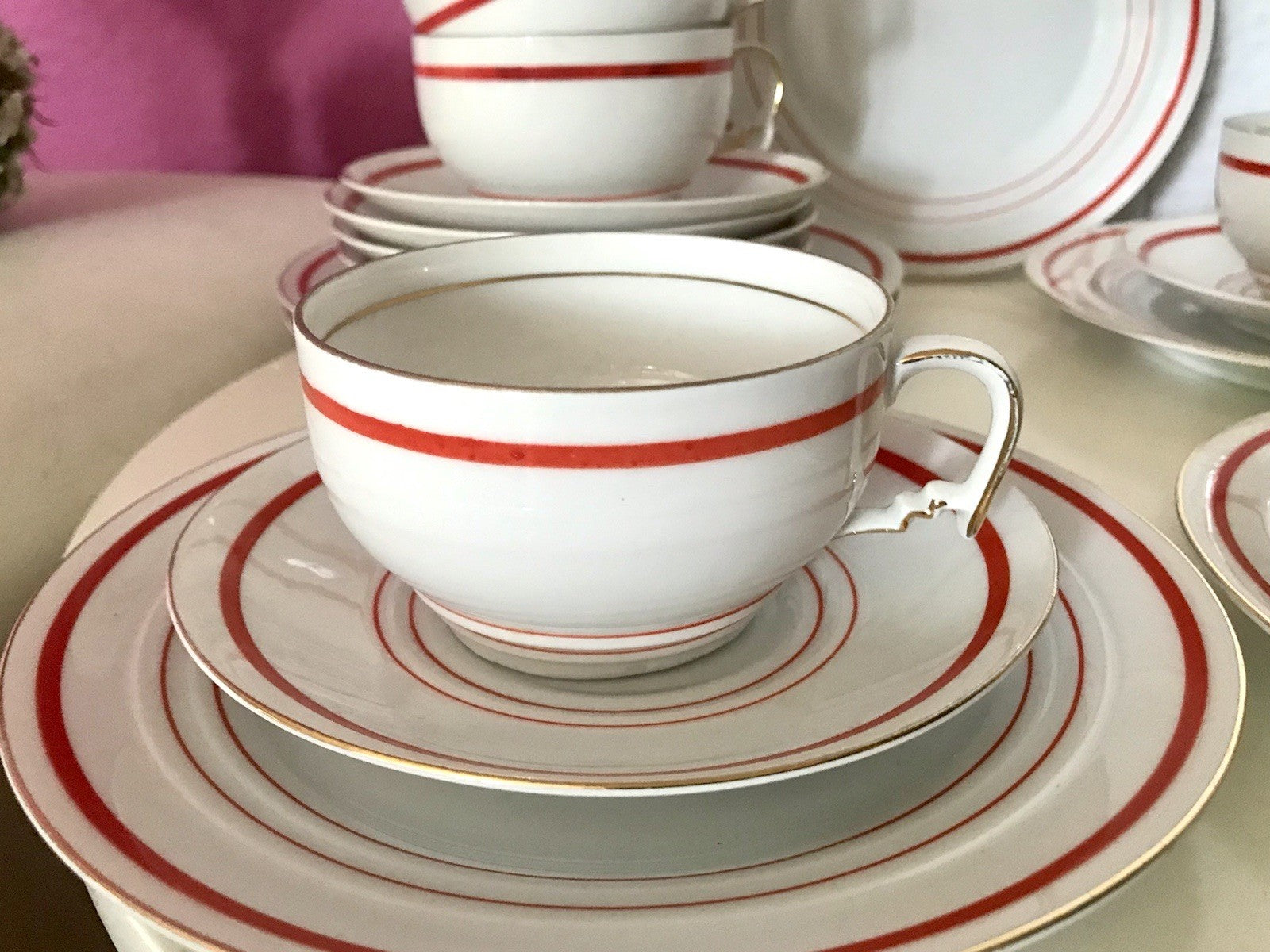 Antik Art Déco Porzellan Kaffeeservice weiß rot orange gemarkt deutsch Bauhaus