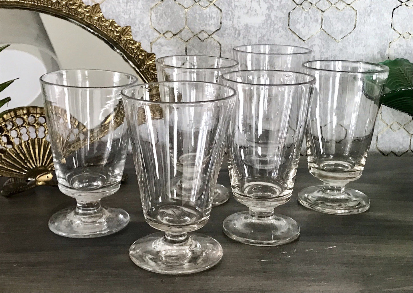 Antik 6 Fußbecher Becher Weinglas Pokalglas Glas ~ 1900 Eichstrich mundgeblasen