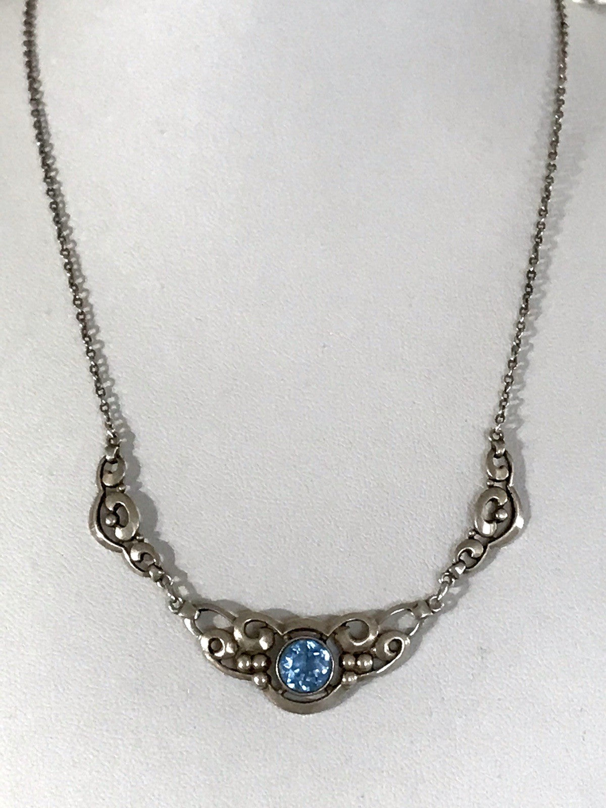 Antik 835 Sterling Silber Collier Halskette Kette Blauer Stein FBM