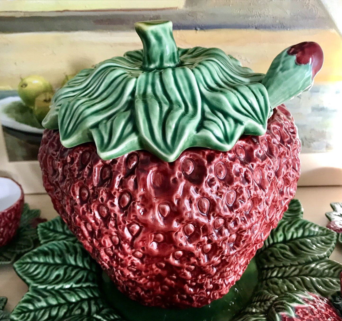 Vintage alt Majolika Keramik Bowle Set Topf 6 Tassen grün rot Erdbeere Pinhero
