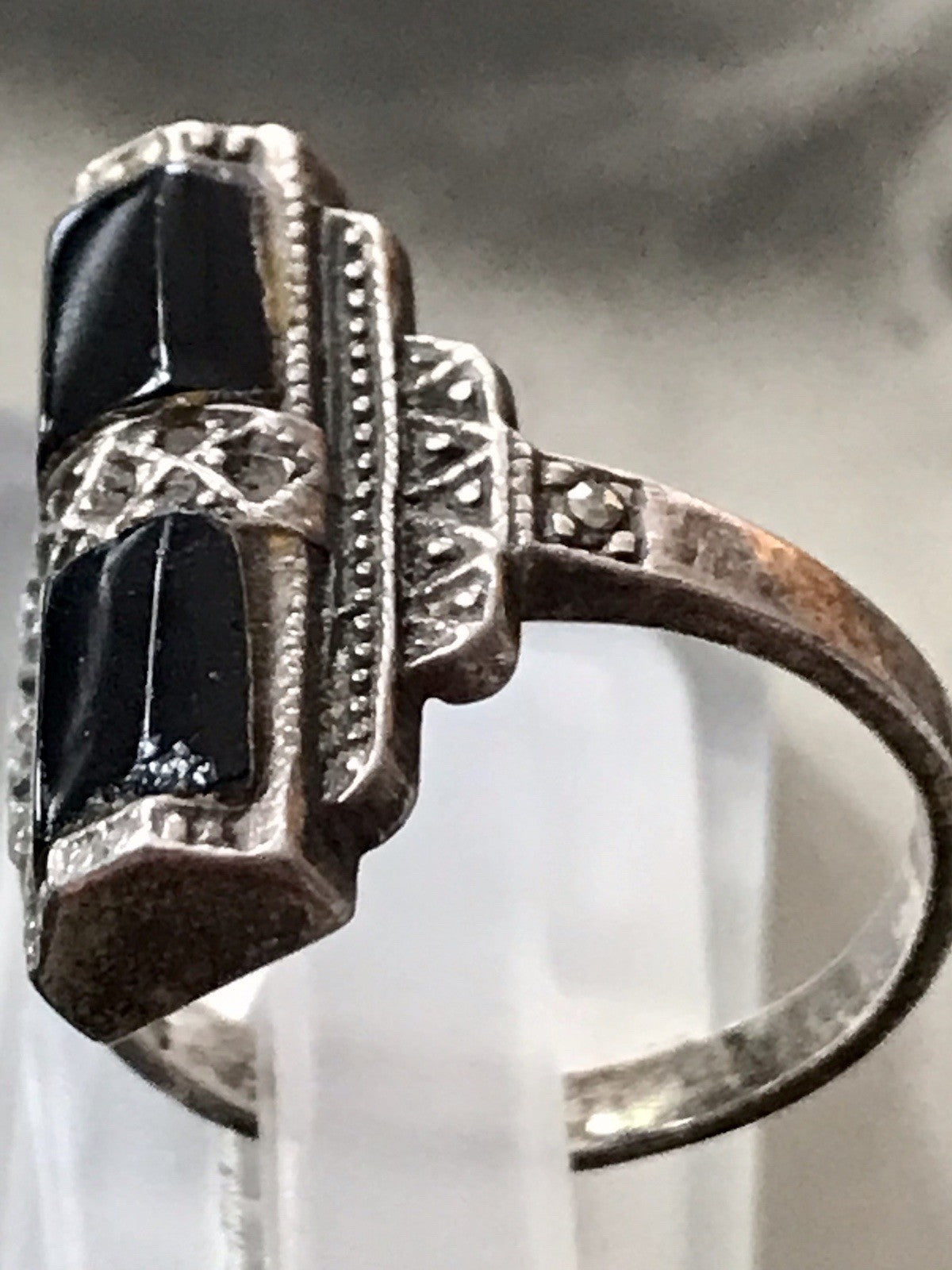Antik Art Déco Damen Schiffchen Ring Onyx 925 Silber Gr.56 Markasite 18,1