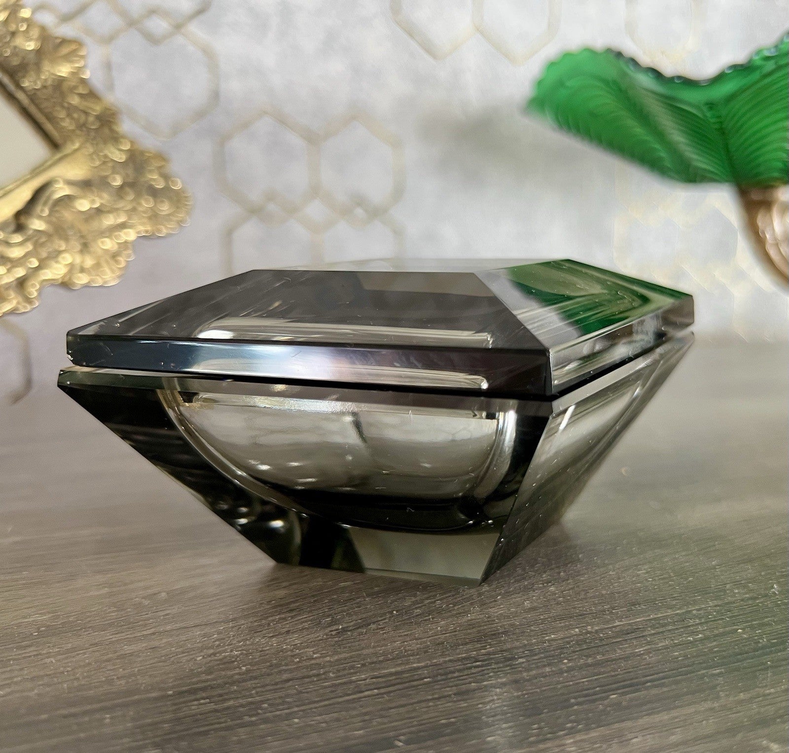 EDEL Art Déco antik Glasdose Kristallglas Frisiertisch Dose grau Schliff