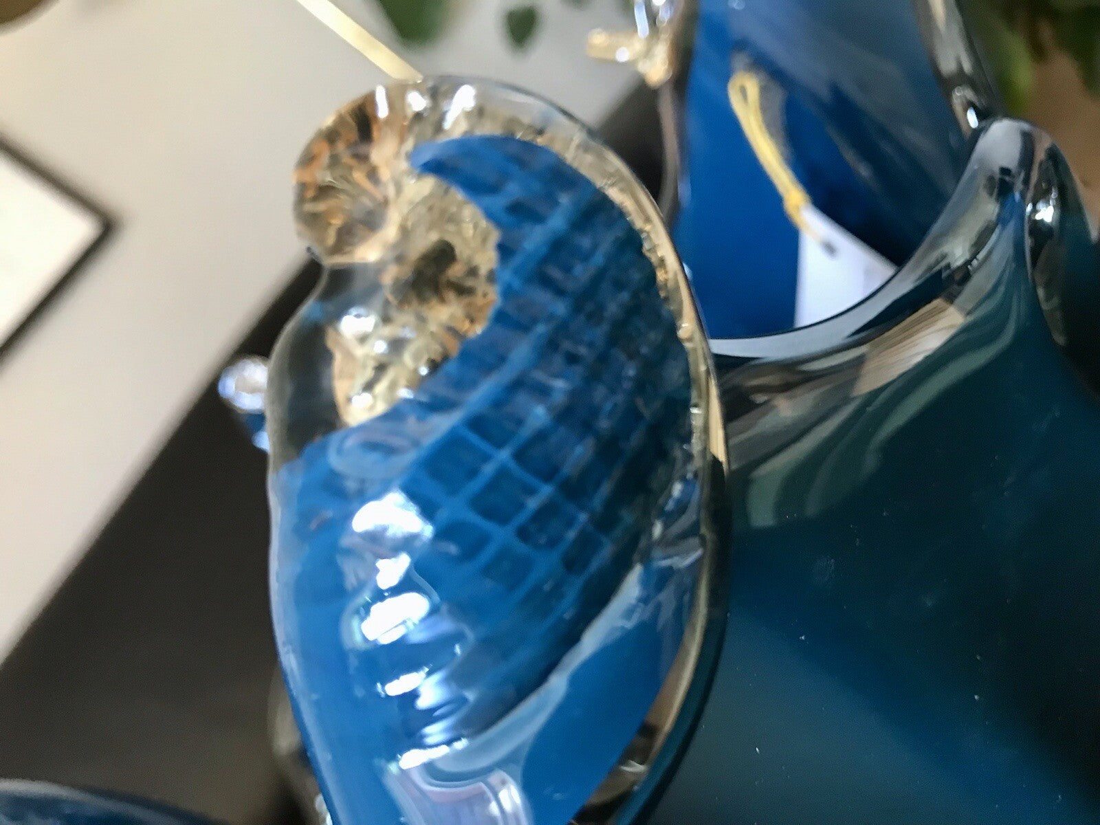 Vintage Murano Schale Vase Glas Petrol Blau metallic irisierend Edel Aufkleber