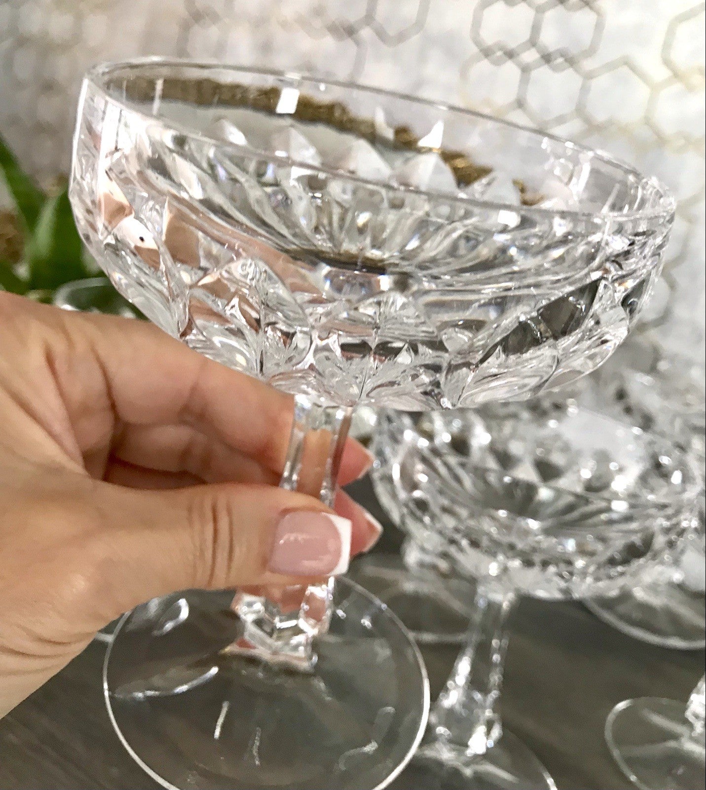 Vintage 9x Champagnerschalen Sektschalen Kristallglas Schliff Bleikristall