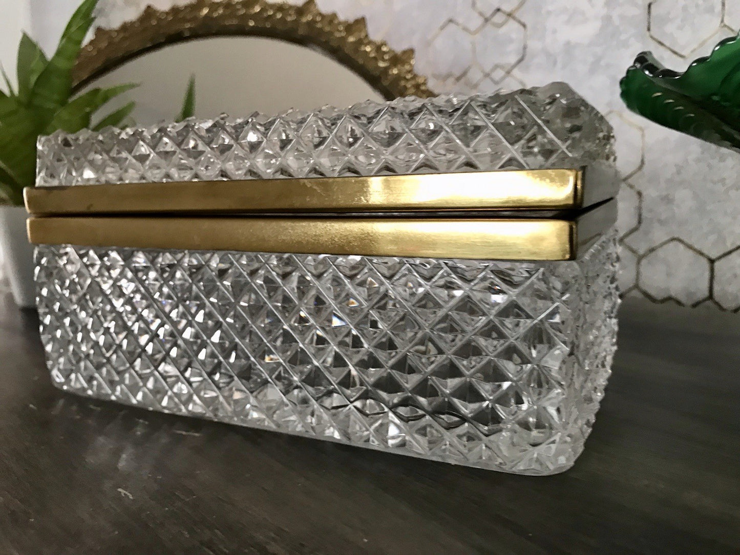 Antik Art Dèco Vintage EDEL Schatulle Deckeldose Bleikristall groß Messingrahmen