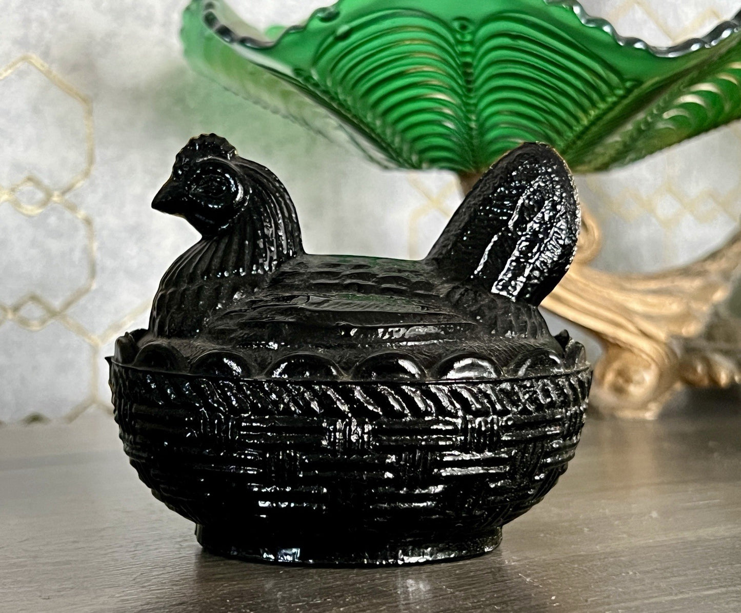 Antik Jugendstil Art Deco Glasdose Dose Deckeldose Pressglas Henne schwarz