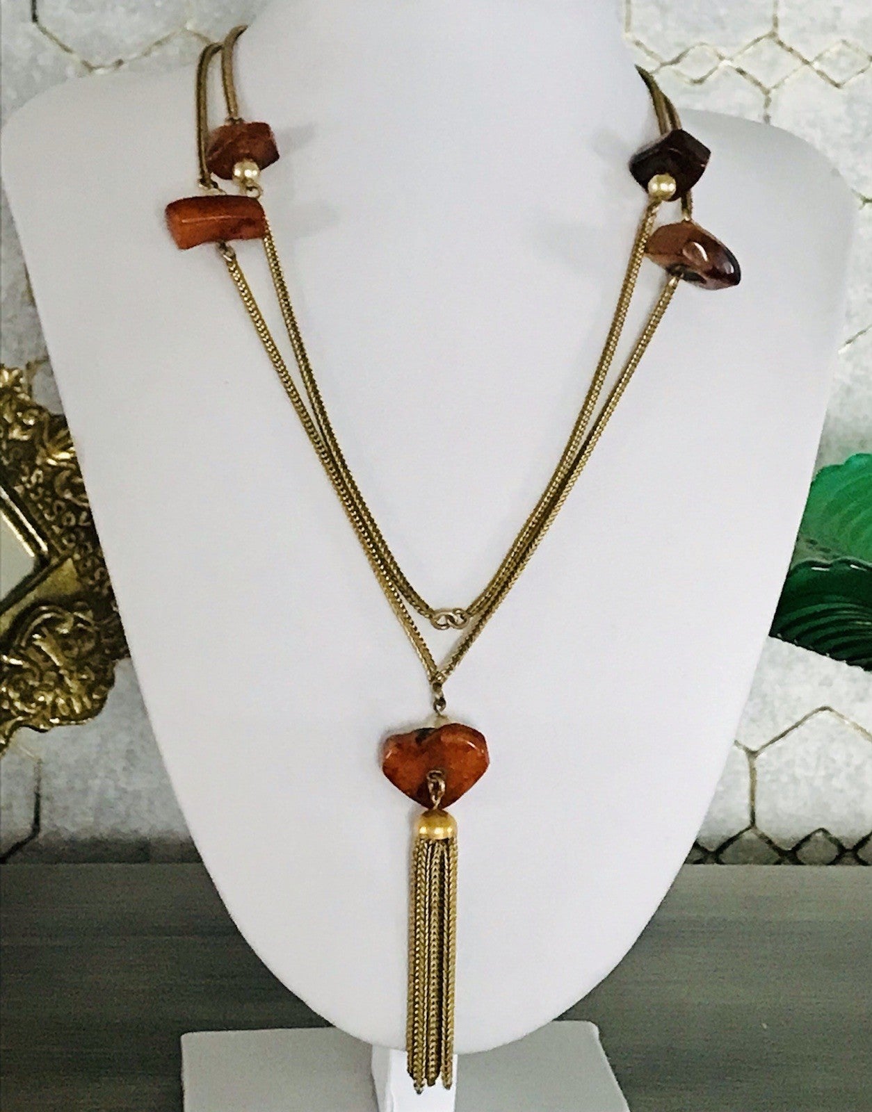 Vintage 60er Halskette Amerik. Doublè gold Steine Bernstein? Achate? SCHÖN