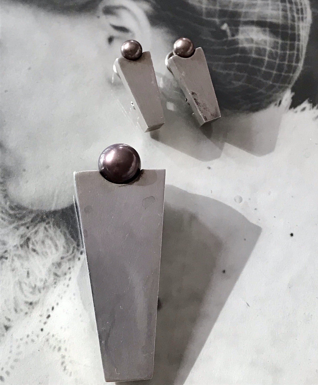 Damen Set Designer Schmuck Anhänger Ohrringe Silber 925 NW modernistisch Perle