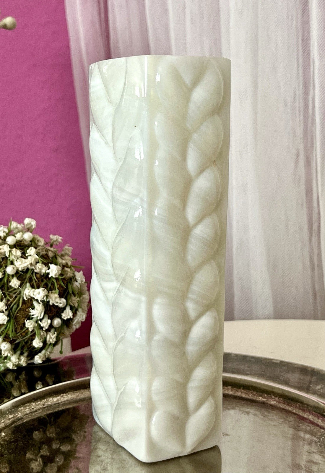 Vintage 60er Jahre MCM Glasvase Vase Glas Design Zopfmuster Blockvase weiß