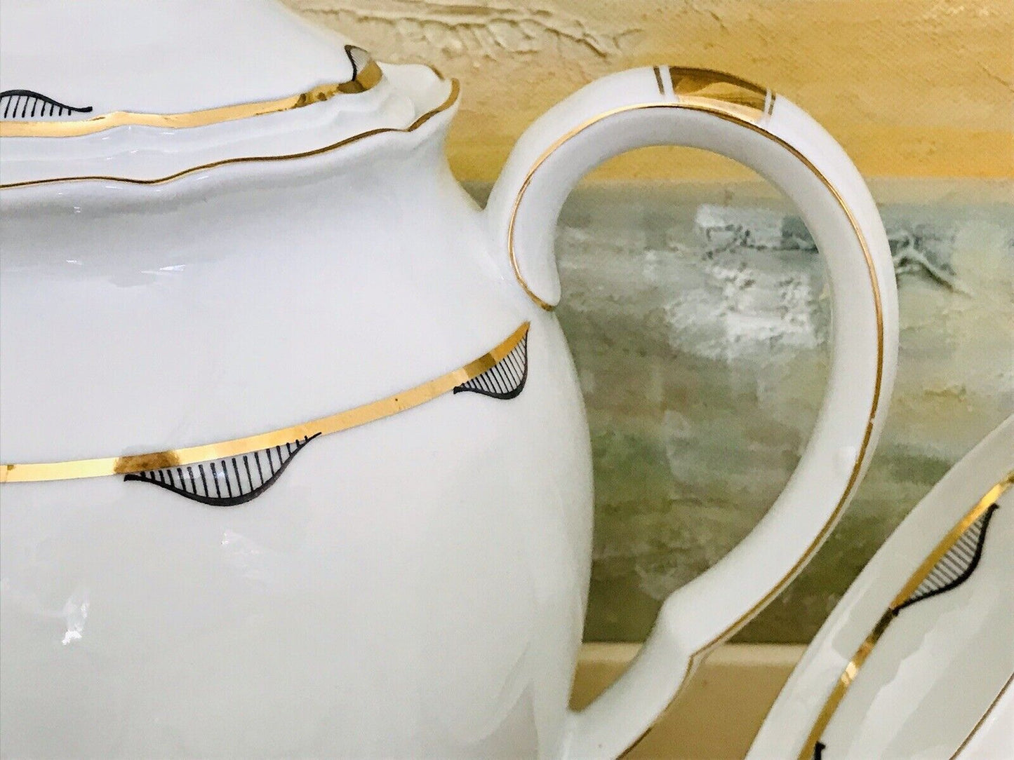 Antik Art Déco Porzellan Kaffeeservice 10 Pers. ivory schwarz gold