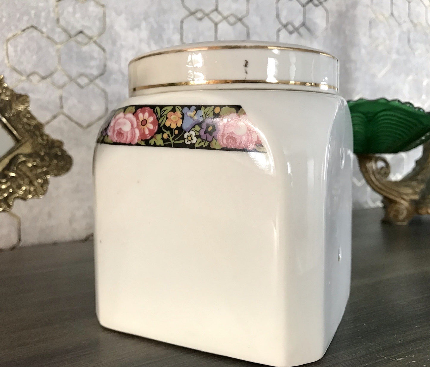 Antik Porzellan Dose Vorratsgefäß Vorratsdose Mehl Blumenborte Art Déco