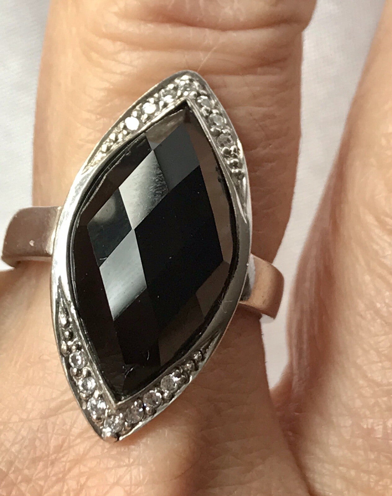 Vintage Onyx? & farblose Steine DAMEN RING Silber 925 Gr.57 58 Schiffchen