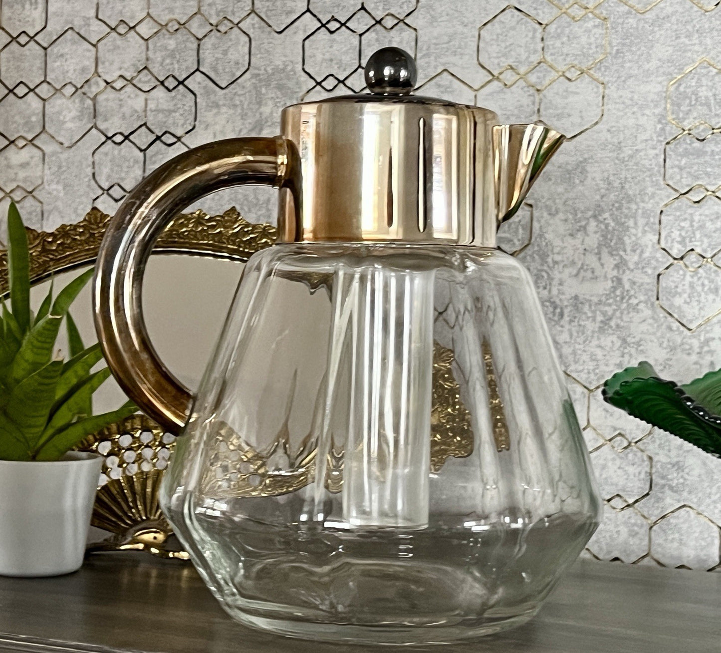 Antik Art Dèco DRGM Karaffe Kalte Ente  Glas optisch gerippt versilberte Montur