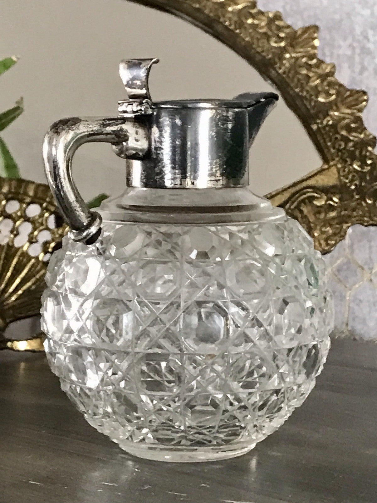 Antik EDEL Schliff Karaffe Kännchen Silber 800 Kristall Glaseinsatz Jugendstil