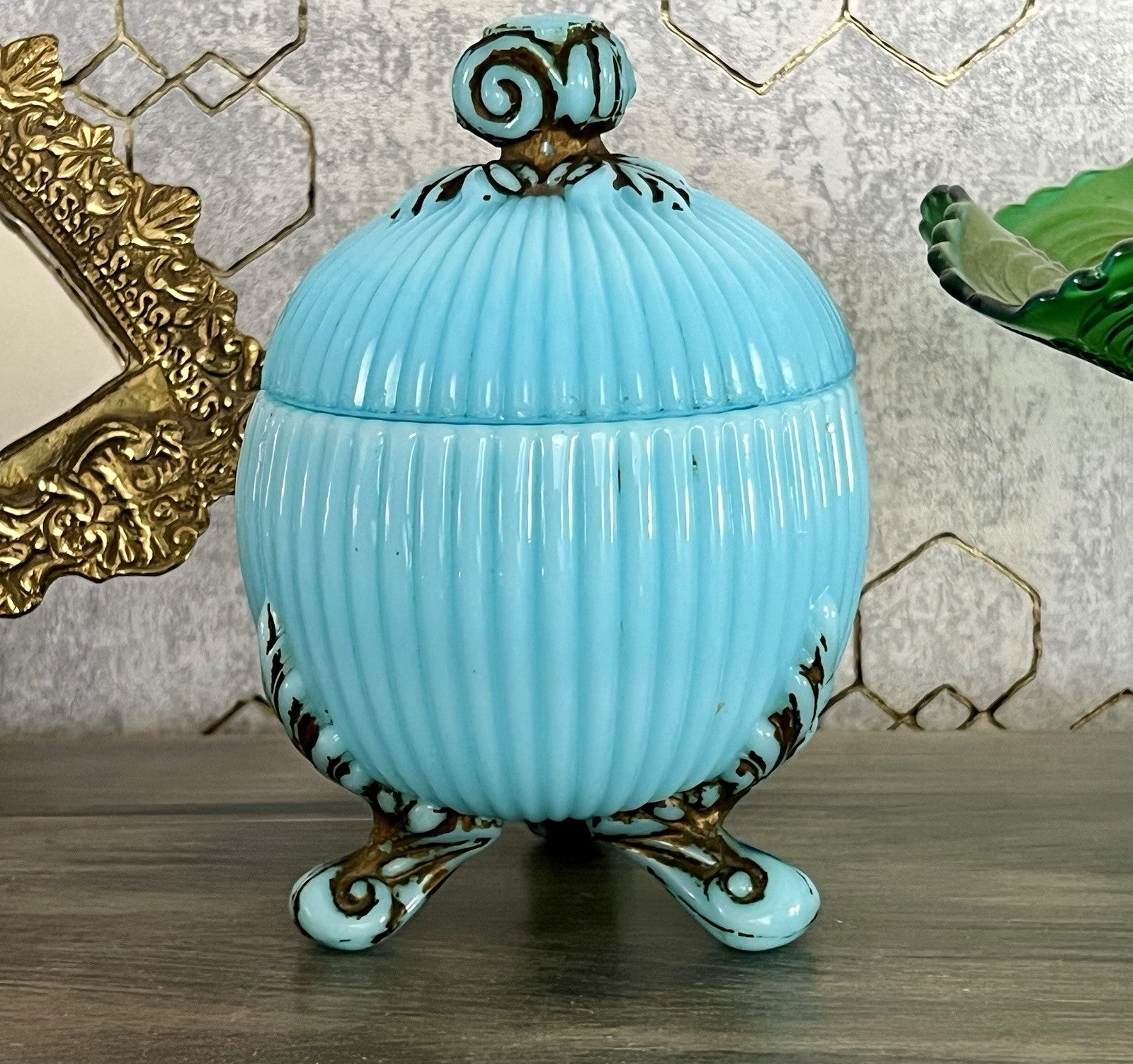 Antik Jugendstil Glasdose Kugel Dose Opalglas Deckeldose blau Pressglas SCHÖN!