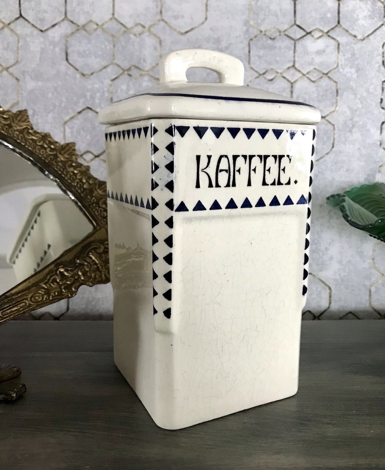 Antik Jugendstil Vorratsgefäß Kaffee Gefäß Vorratsdose weiß Porzellan creme blau