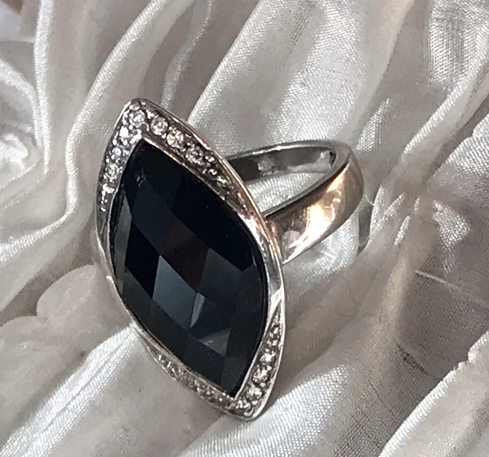 Vintage Onyx? & farblose Steine DAMEN RING Silber 925 Gr.57 58 Schiffchen