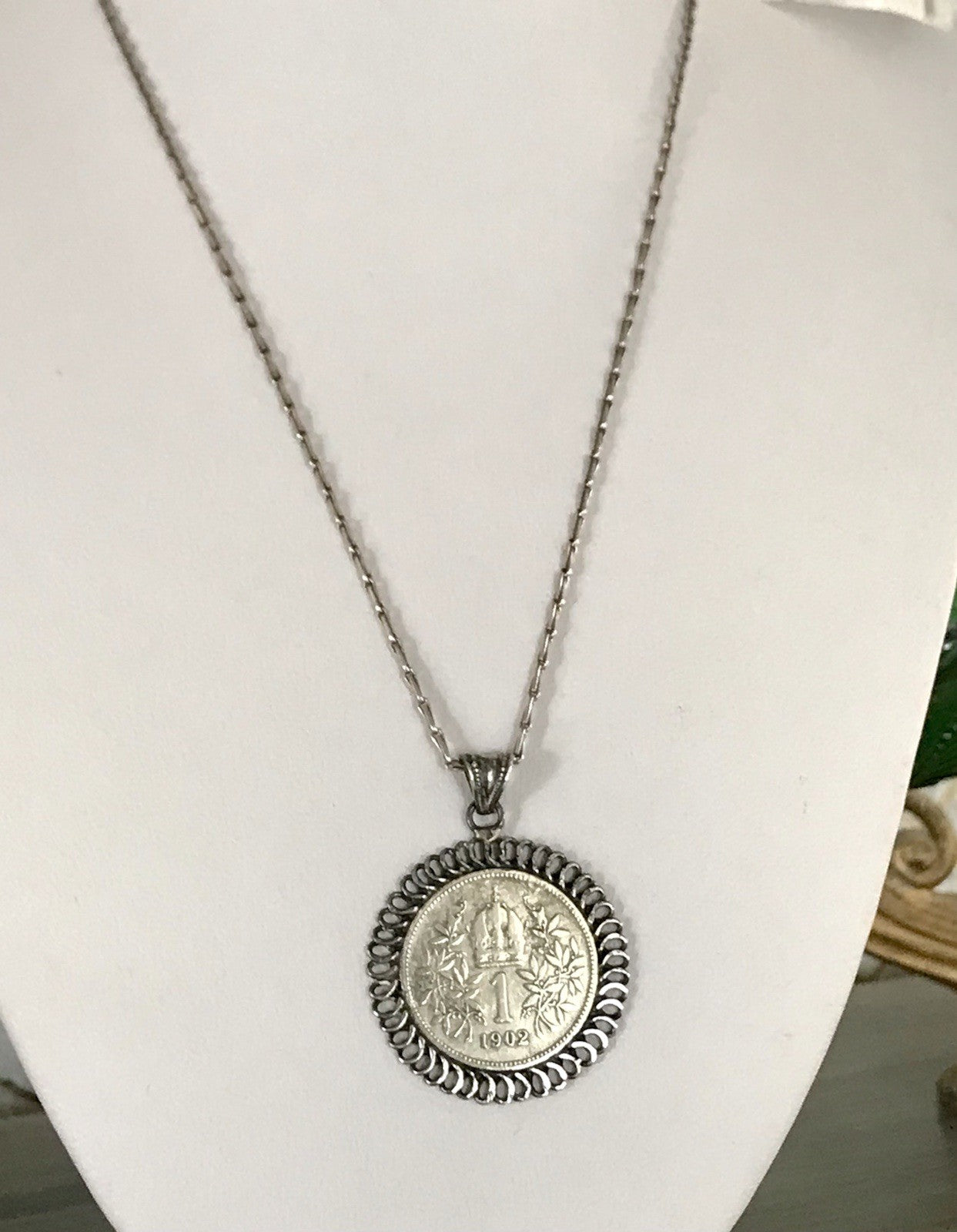 Antik Halskette Münze Kaiser Franz 1902 Anhänger Kettenanhänger Silber 835