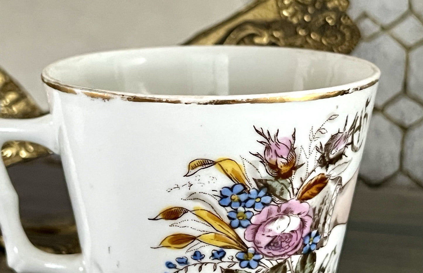 Antik Porzellan Andenken Becher Sammeltasse Tasse Gott segne dieses Bund
