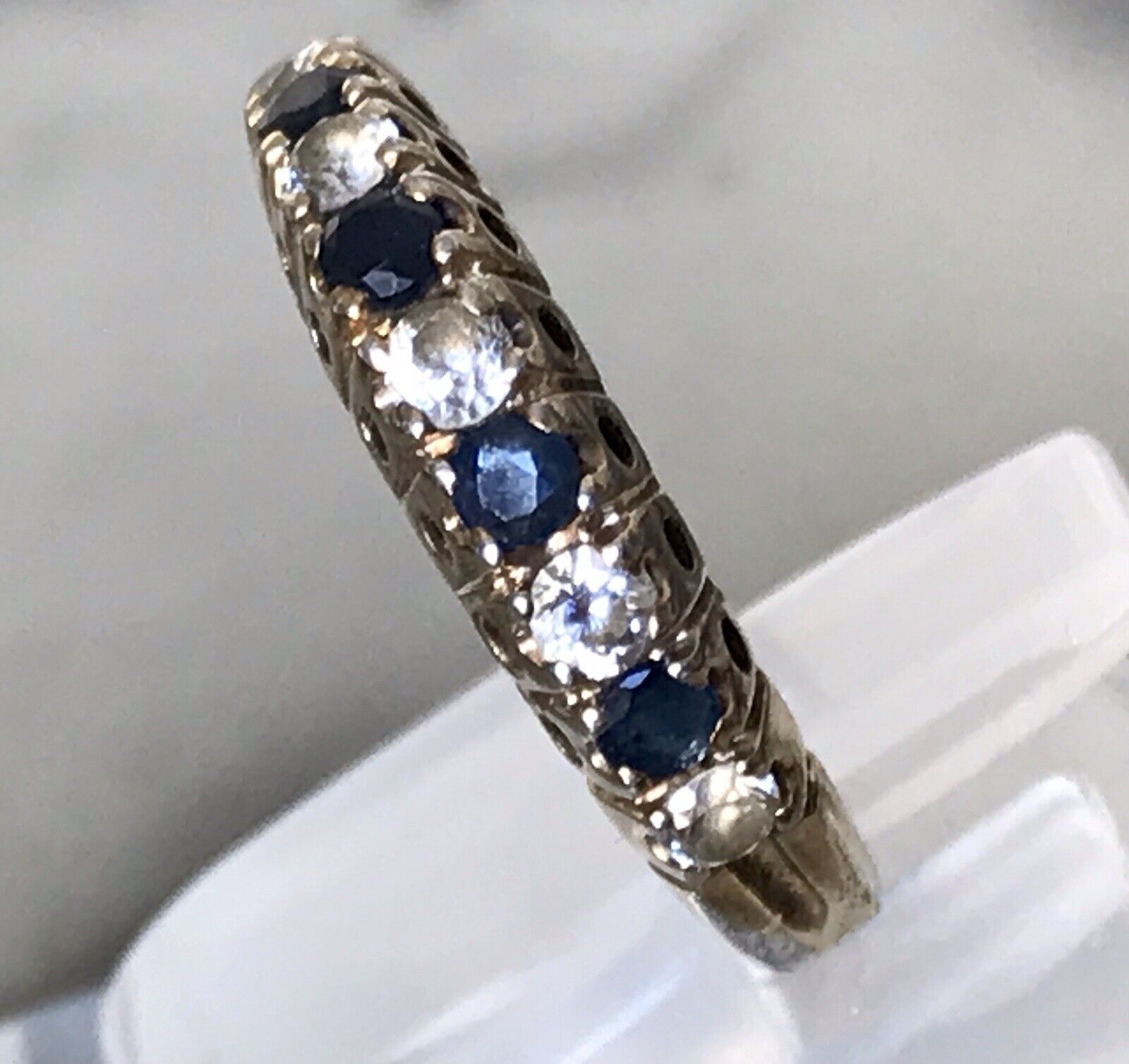 Antik Vintage Damen Memory Ring blaue farblose Steine Silber 800 Gr.57 vergoldet