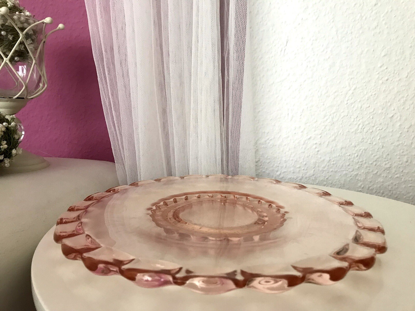 Antik Tortenplatte Tortenständer Rosalin Glas rosa Art Déco Pressglas