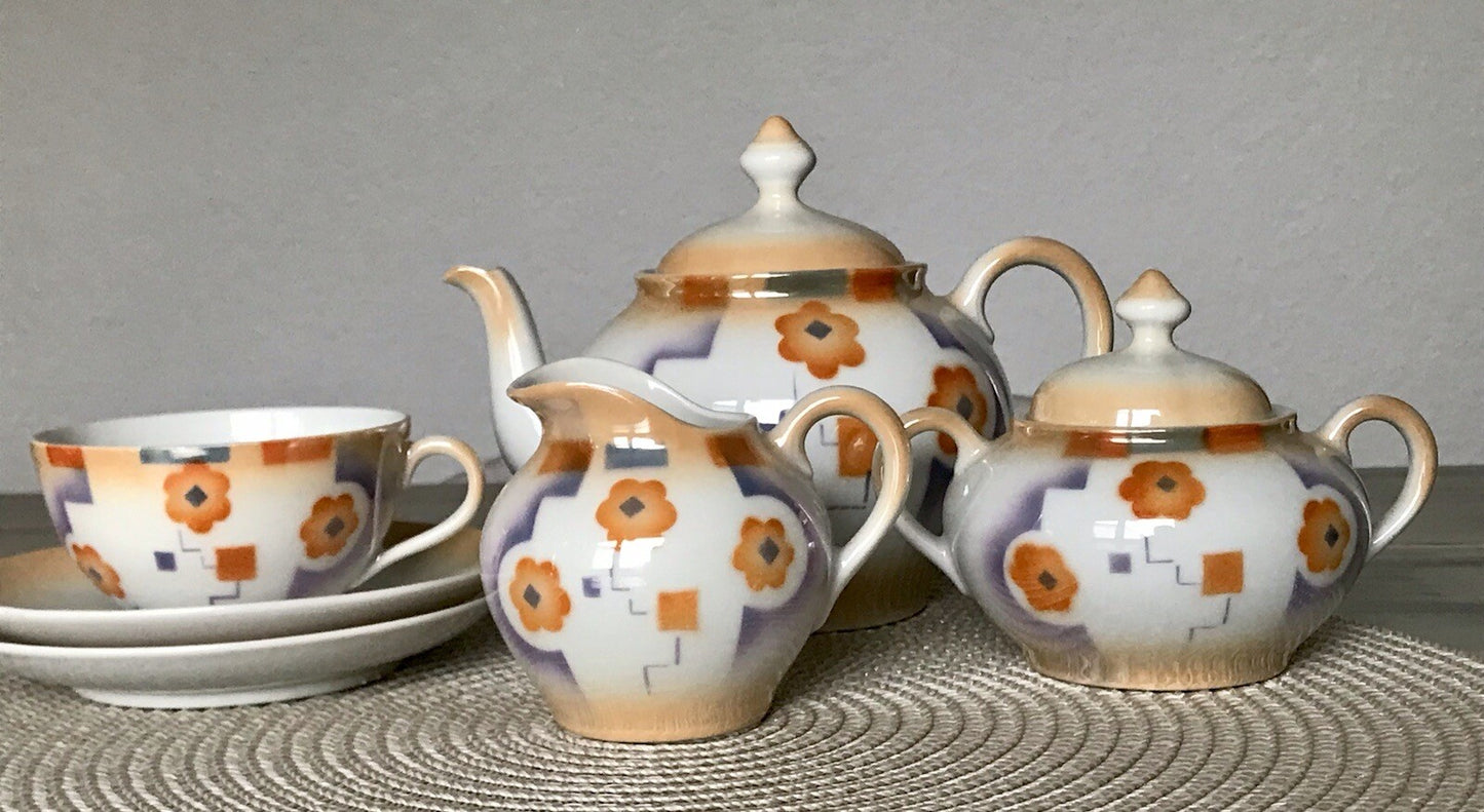 Antik Art Déco Porzellan Kaffeeservice Spritzdekor Moccaservice