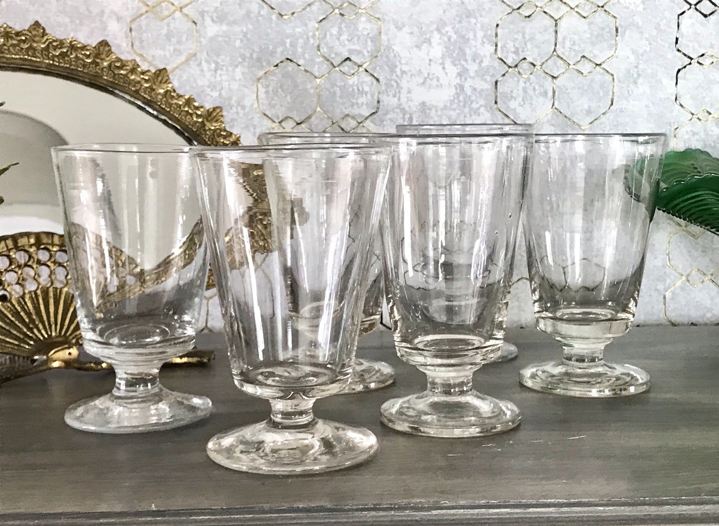 Antik 6 Fußbecher Becher Weinglas Pokalglas Glas ~ 1900 Eichstrich mundgeblasen