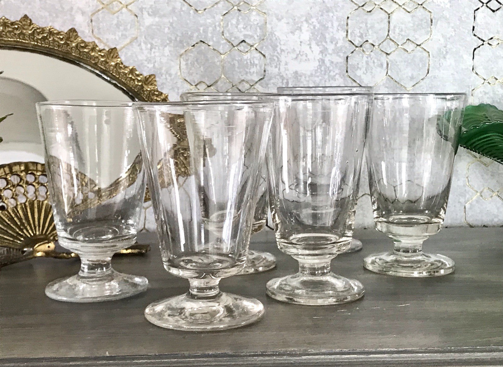 Antik 6 Fußbecher Becher Weinglas Pokalglas Glas ~ 1900 Eichstrich mundgeblasen