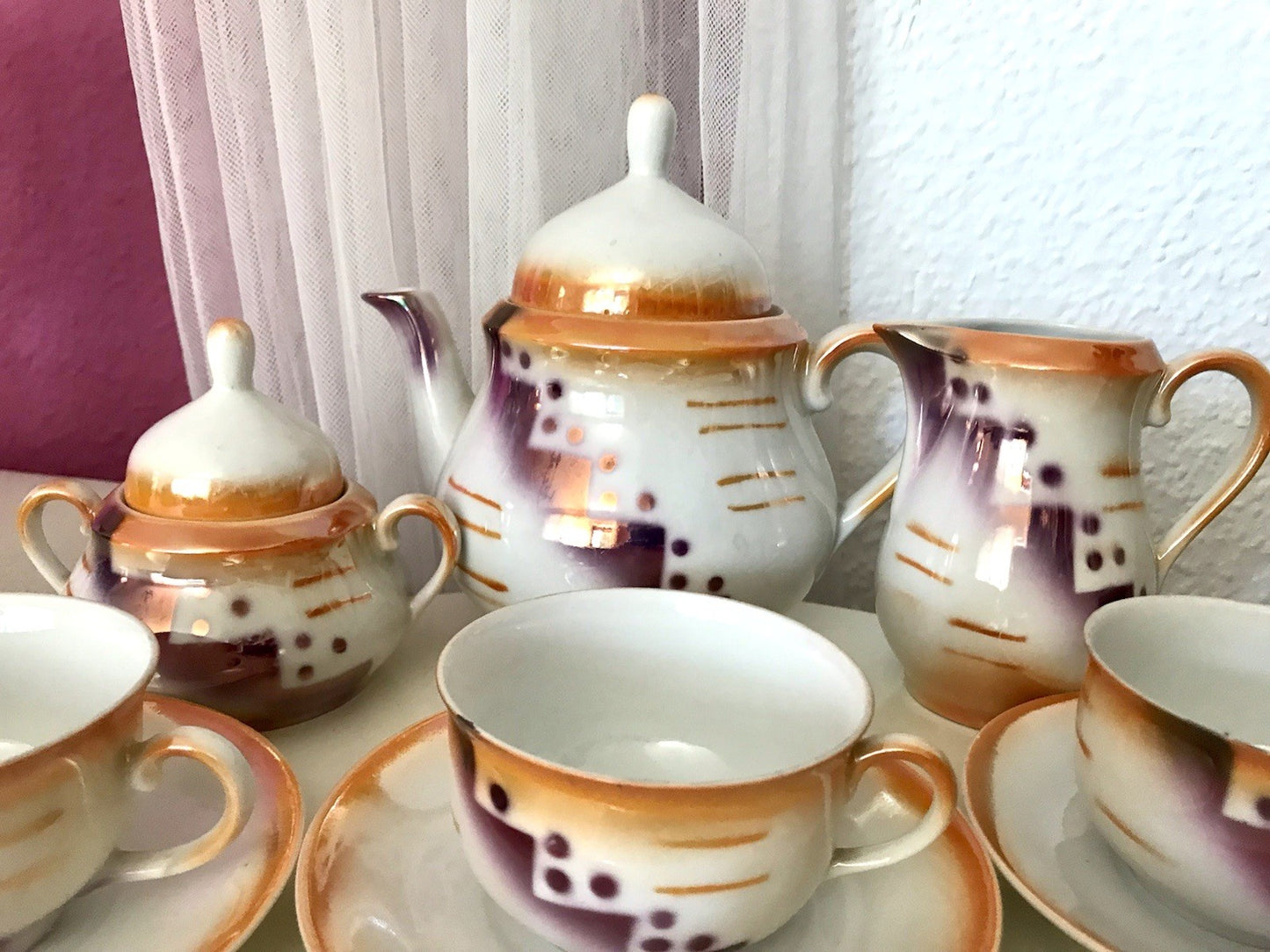Antik Art Déco Porzellan Kaffeeservice Spritzdekor Teeservice 6 Pers.