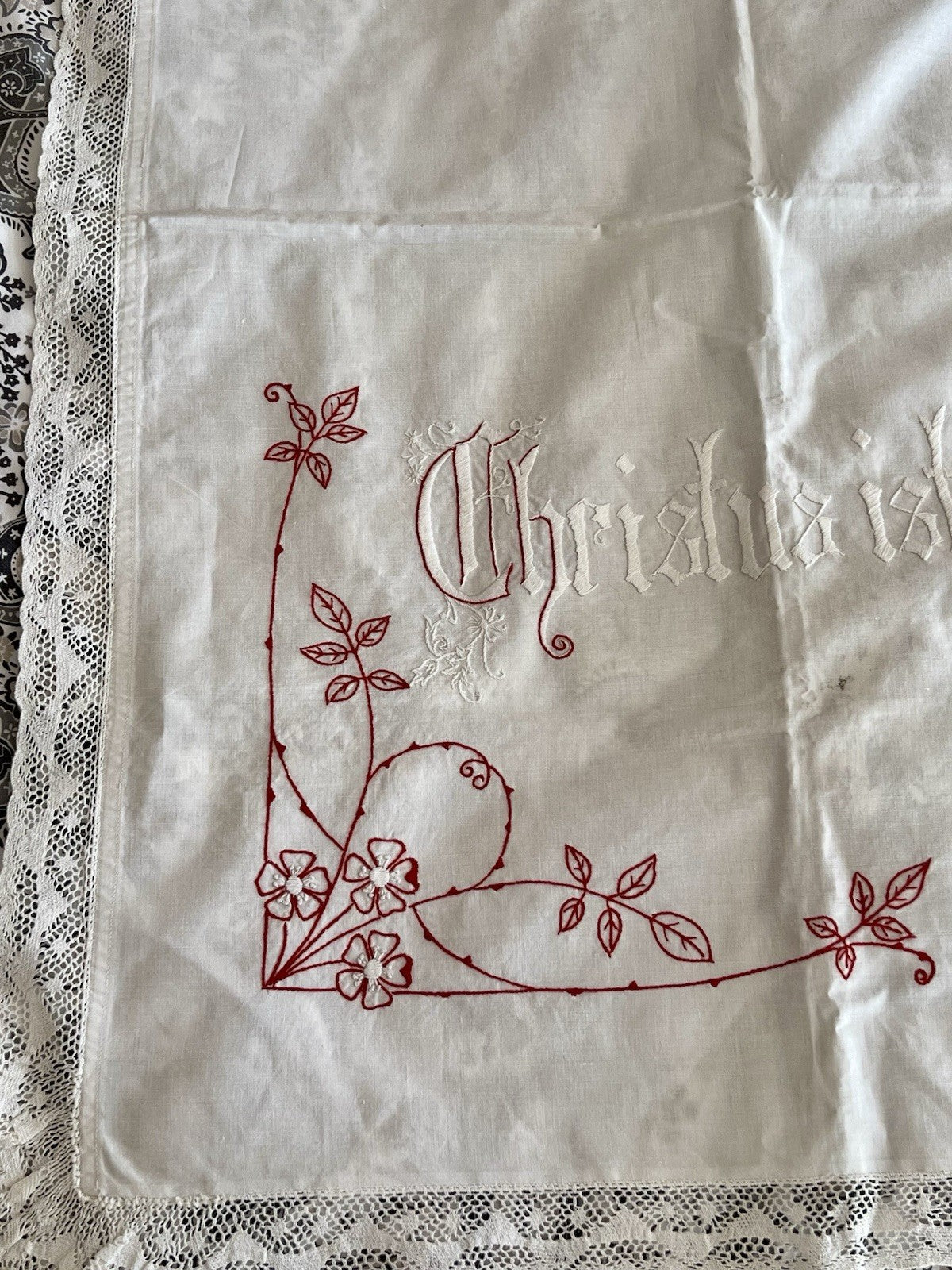 Antik Wandbehang Gardine „Christus ist mein Leben Sterben mein Gewinn