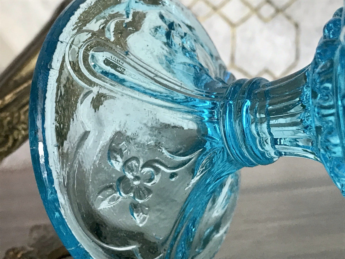 Antik Jugendstil Art Déco Pressglas Glas Fußschale Schale Zuckerschale Blau