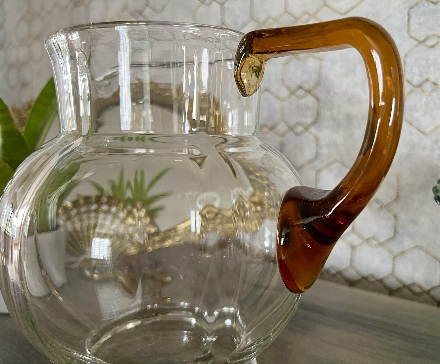 Antik Art Déco Kanne Krug Glaskrug Karaffe Glas mundgeblasen Farblos & gelb
