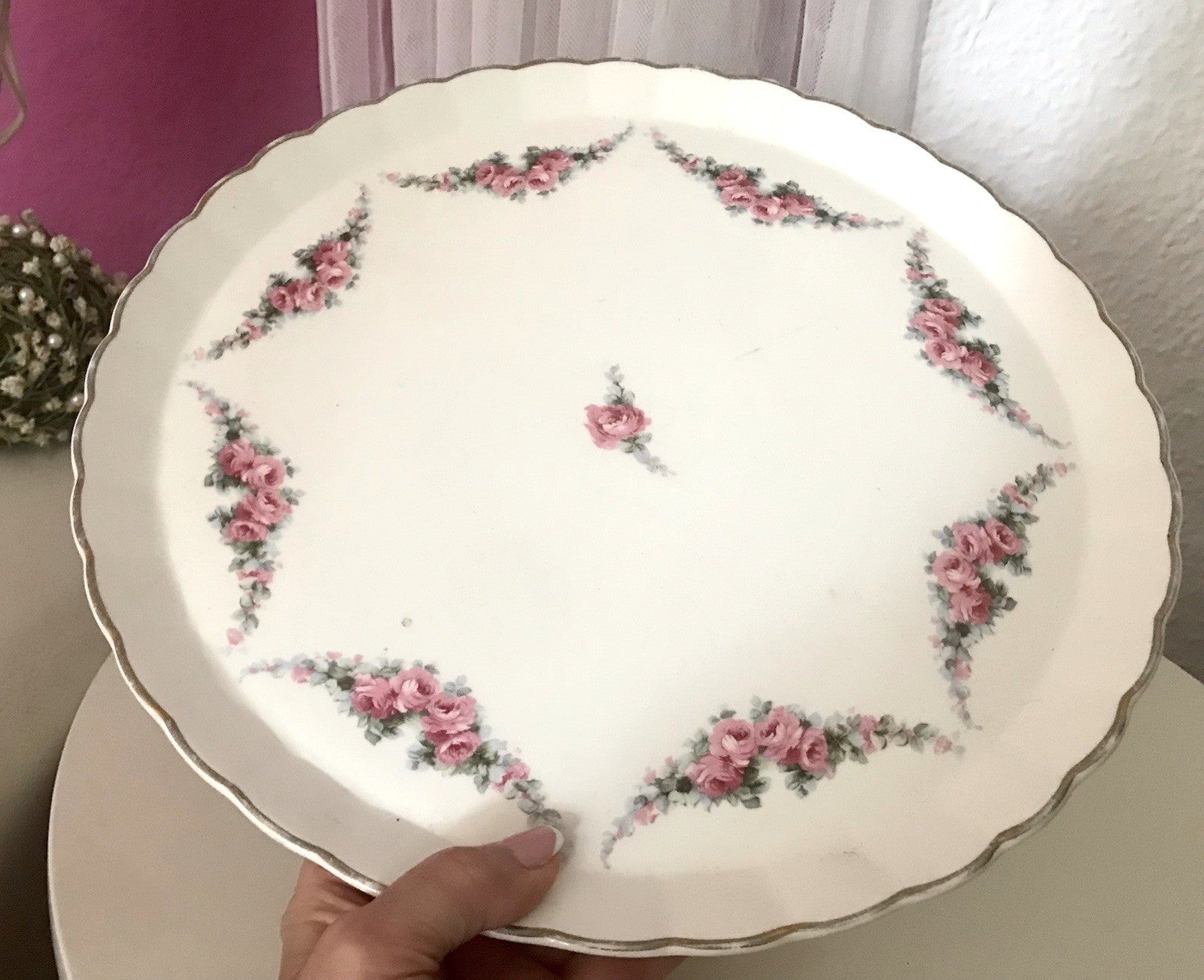 Antik Max Rösler Keramik Tortenplatte Tortenständer Rosen Art Déco