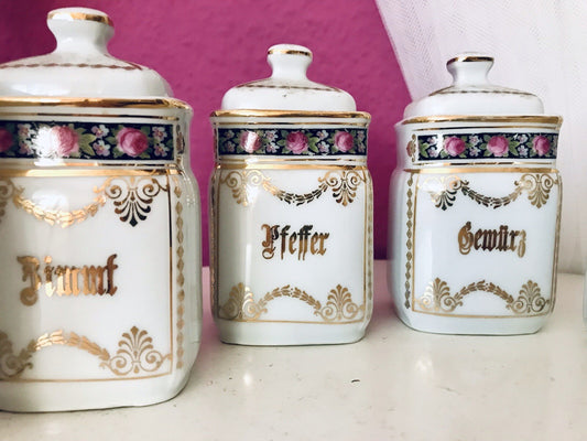 Antik 6x Porzellan Dose Vorratsdosen Gewürze Rosen Golddekor Jugendstil