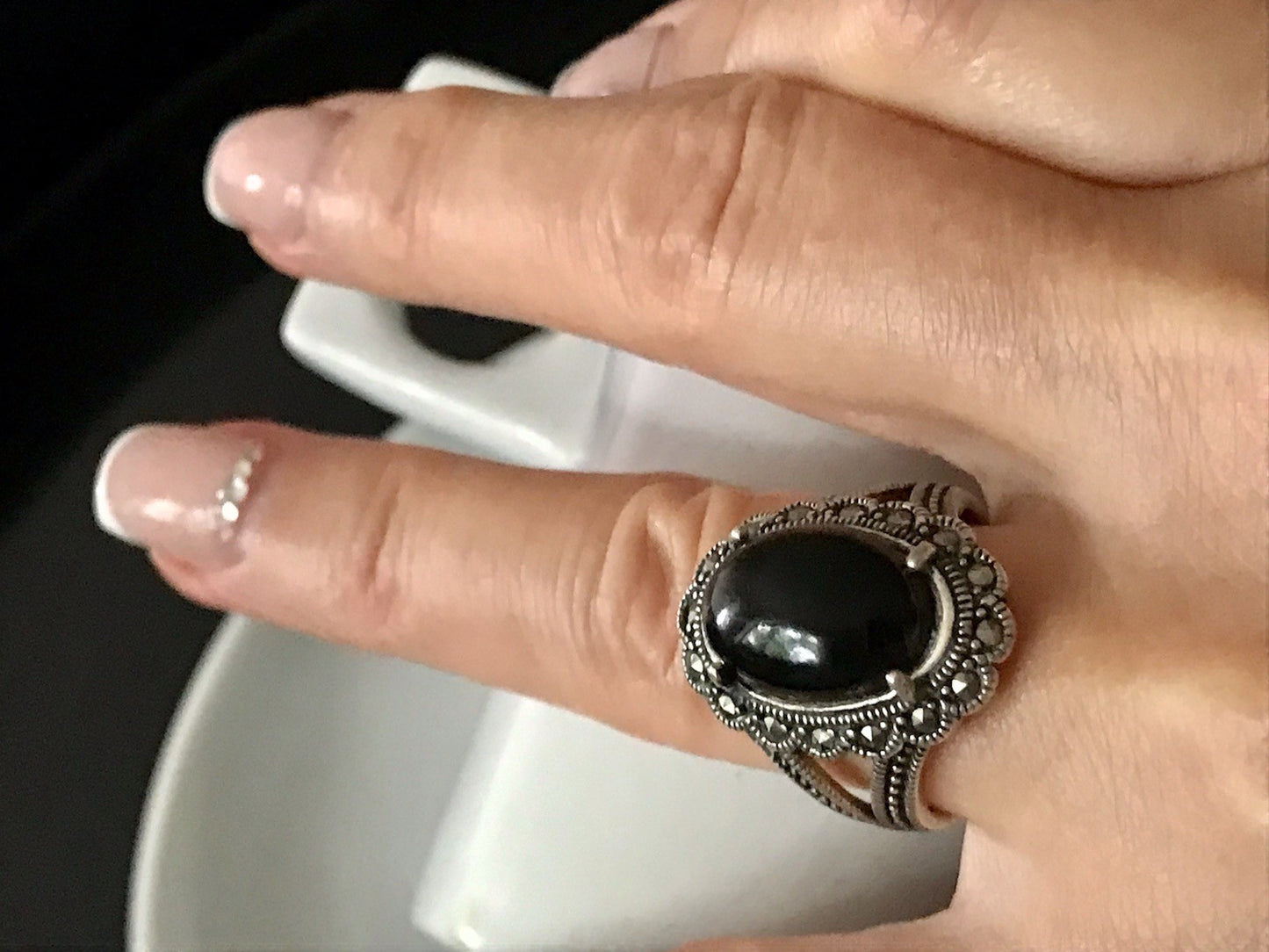 Antik? alt Art Déco Edel Onyx Markasite DAMEN RING Silber 925 Gr.57 18,1