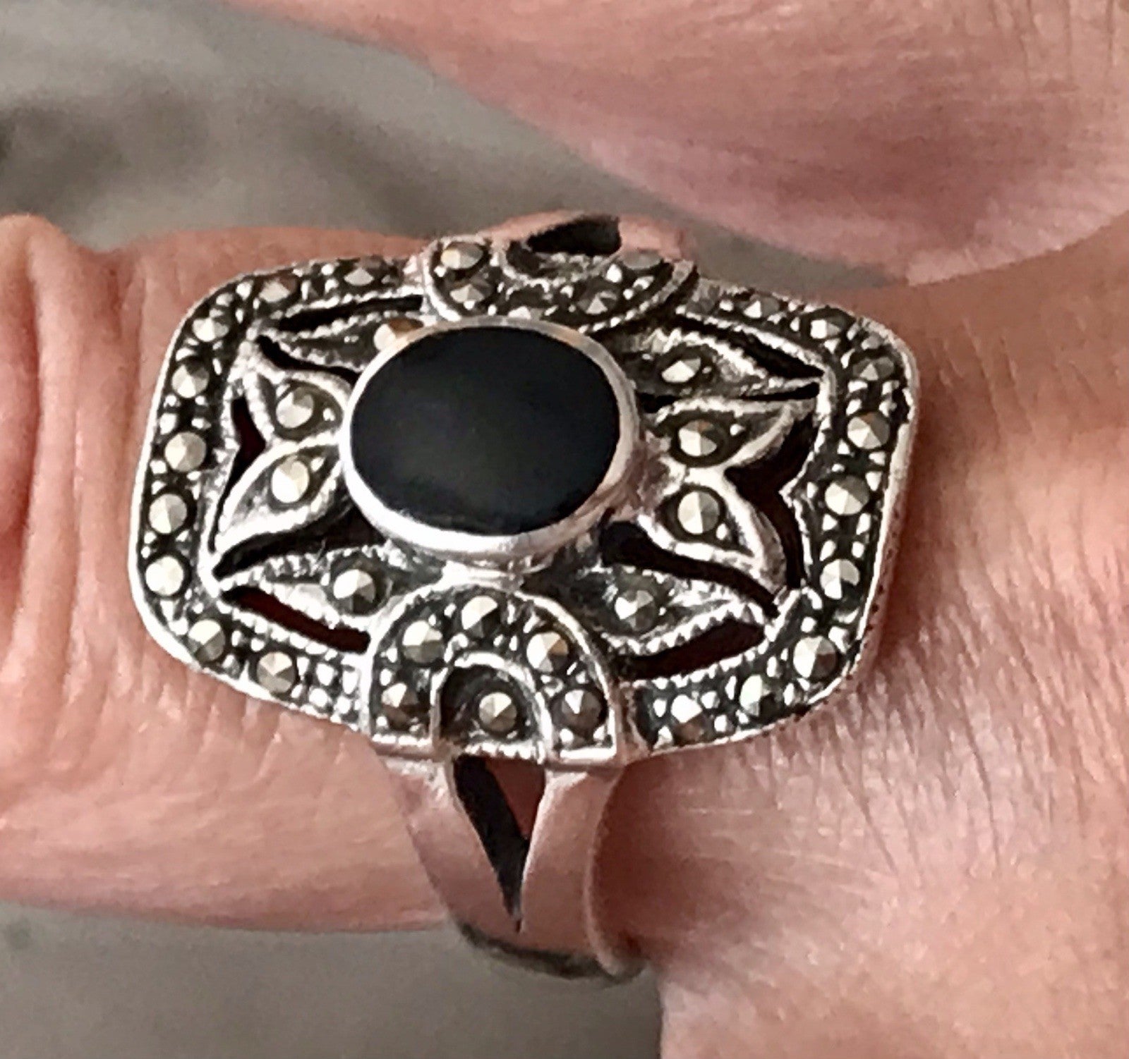 Antik Art Déco Damen Schiffchen Ring 925 Silber Gr.60 Onyx Markasite