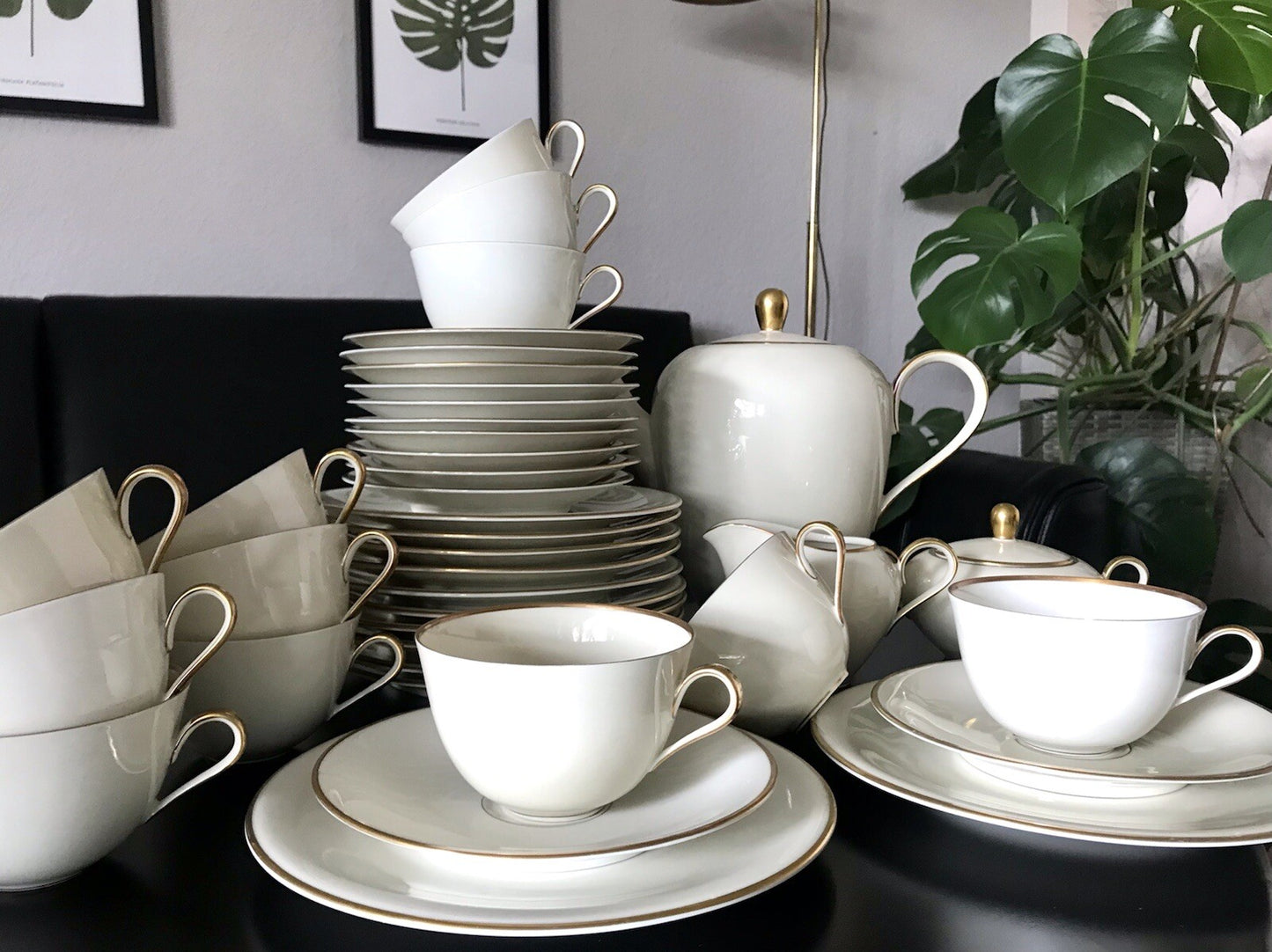 Vintage Art Déco elfenbein Porzellan Kaffeeservice Service 12 Pers. Edelstein