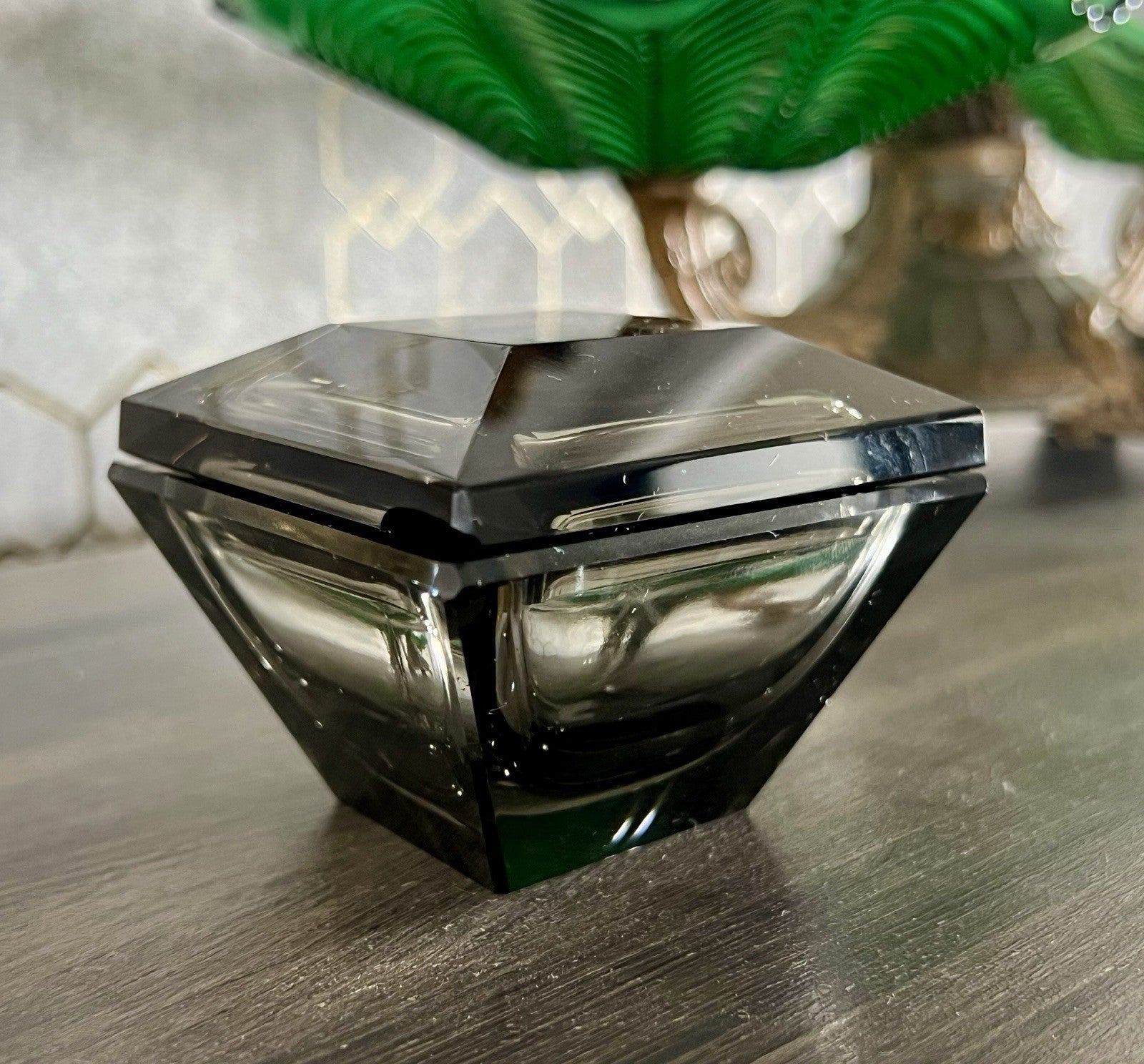 EDEL Art Déco antik Glasdose Kristallglas Frisiertisch Dose grau Schliff