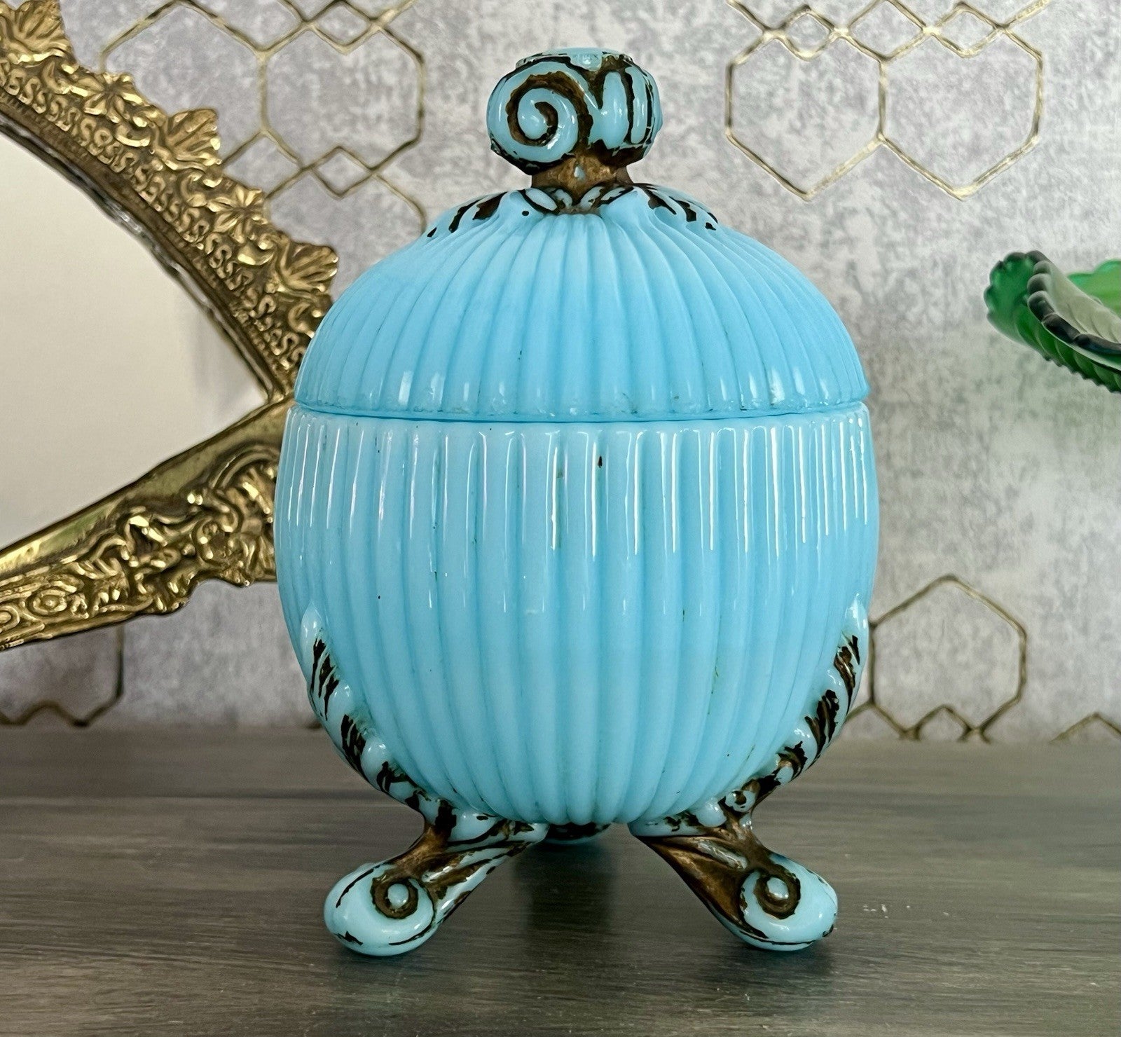 Antik Jugendstil Glasdose Kugel Dose Opalglas Deckeldose blau Pressglas SCHÖN!