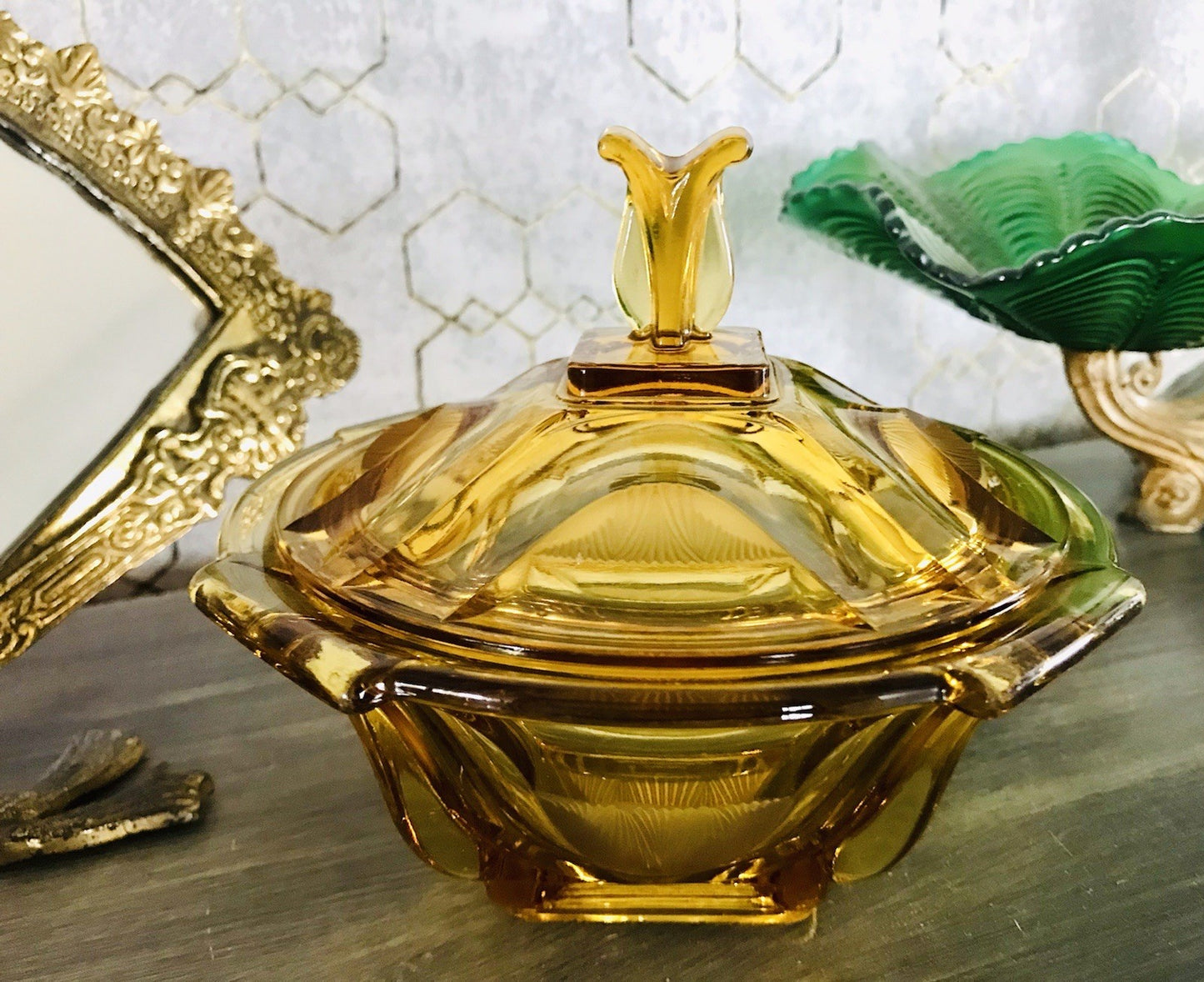 Antik Art Déco Dose Glasdose Pressglas Bernstein Gelb Amber