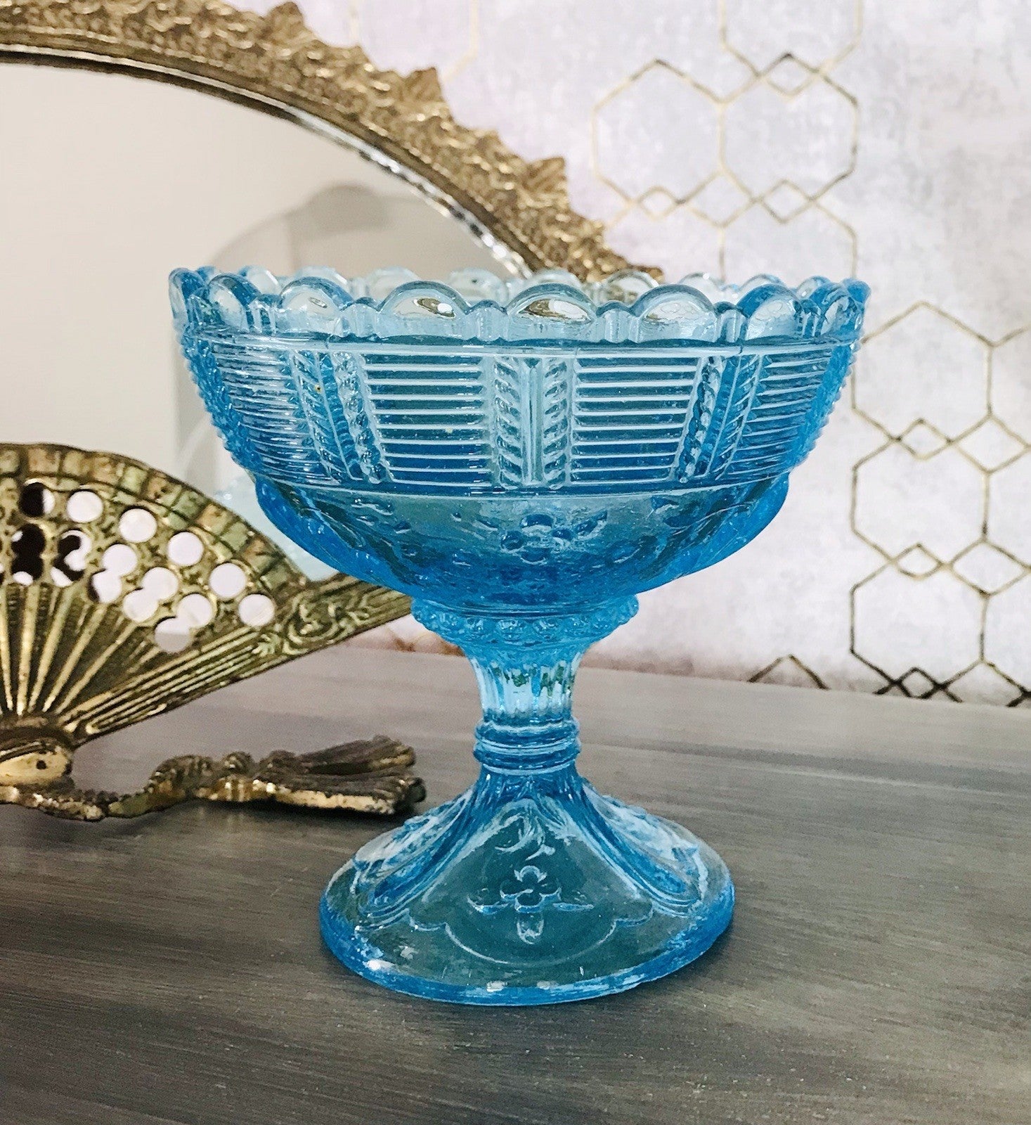 Antik Jugendstil Art Déco Pressglas Glas Fußschale Schale Zuckerschale Blau