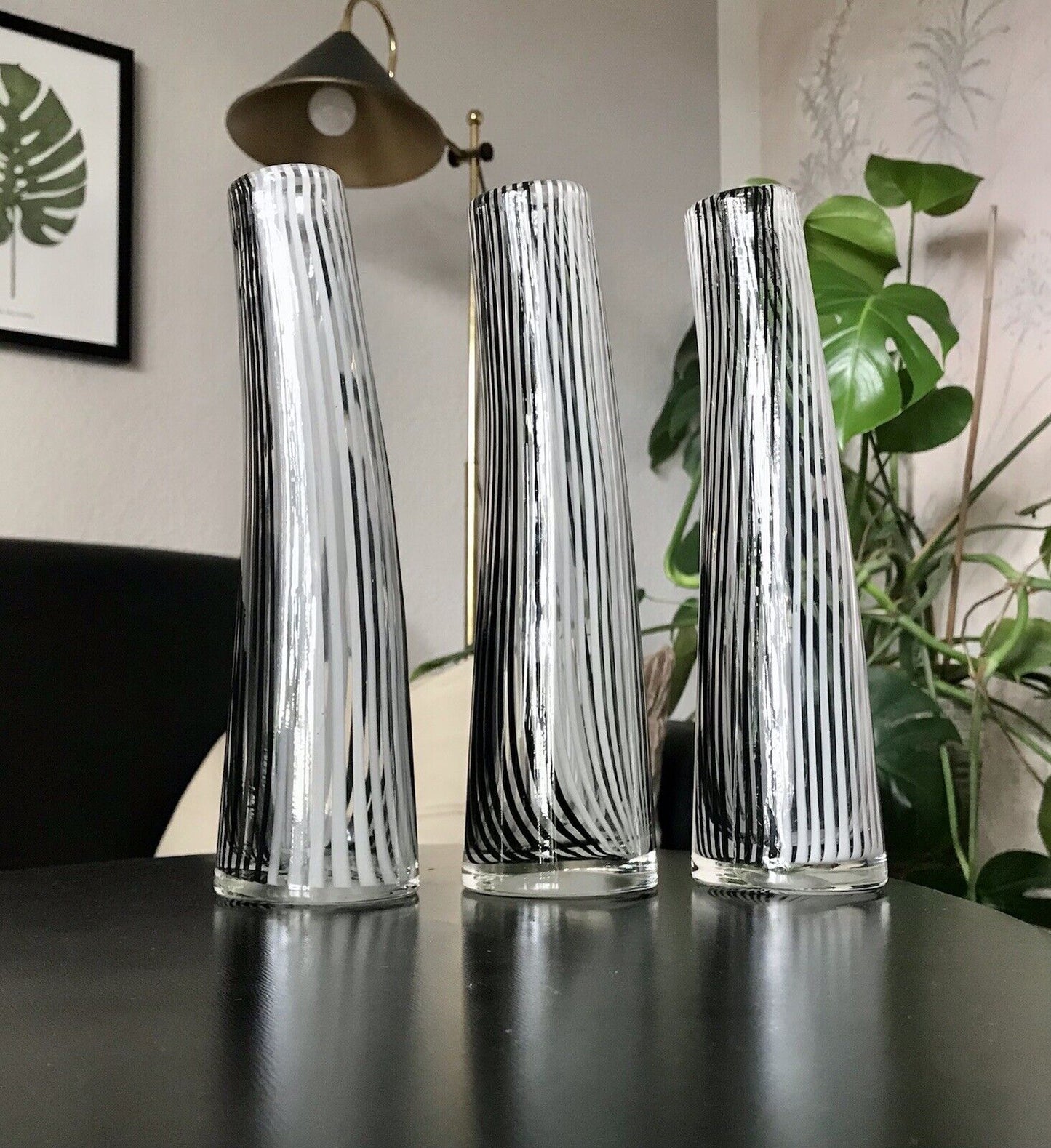 Vintage 3x Dino Martens Vase Glasvase Bianca Nero Streifen Glaskunst Murano