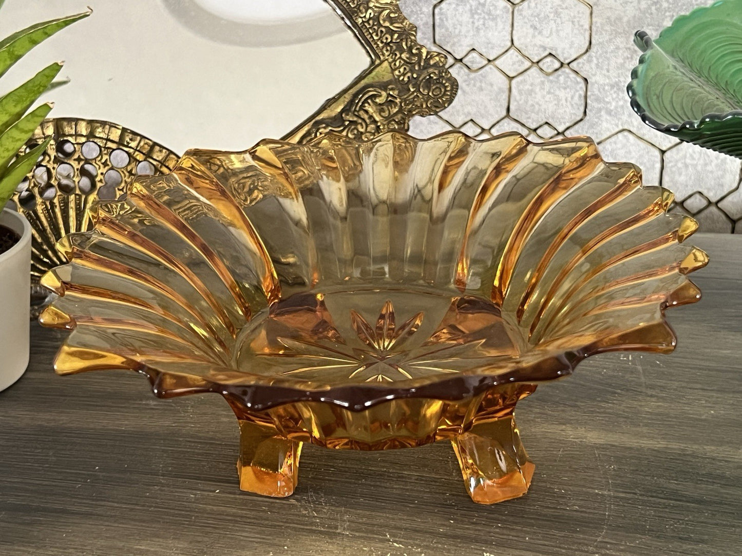 Antik Jardiniere Brockwitz Prismen Bernstein gelb Art Déco Schale Pressglas Glas
