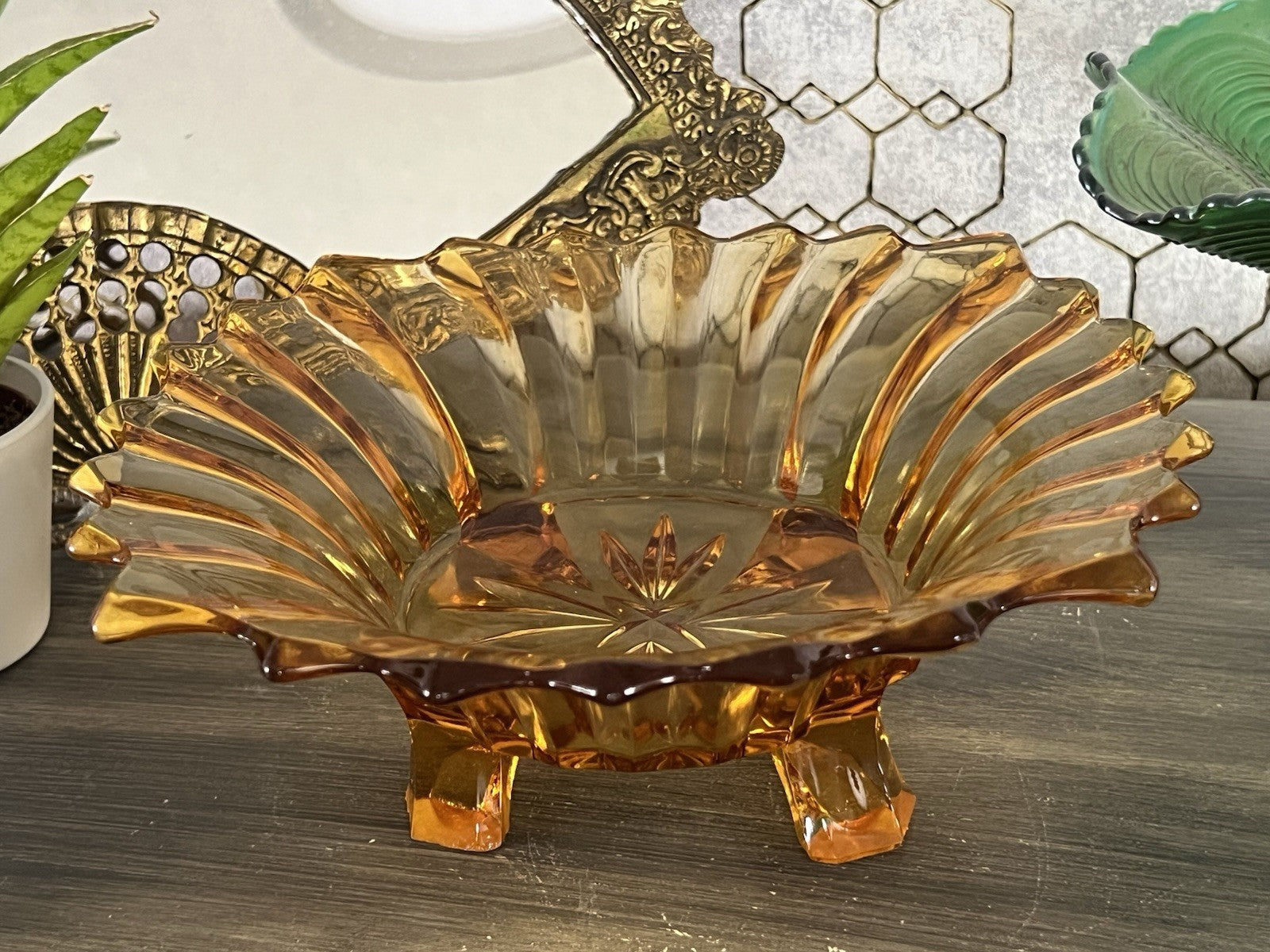 Antik Jardiniere Brockwitz Prismen Bernstein gelb Art Déco Schale Pressglas Glas