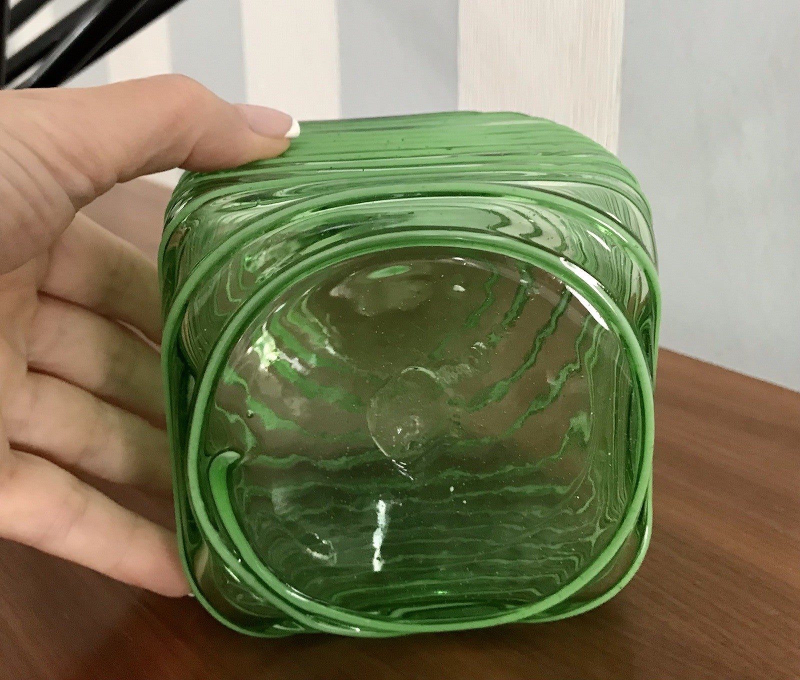 Vintage Vase Murano? Glasvase grün Aufschmelzungen Fäden Henkelvase