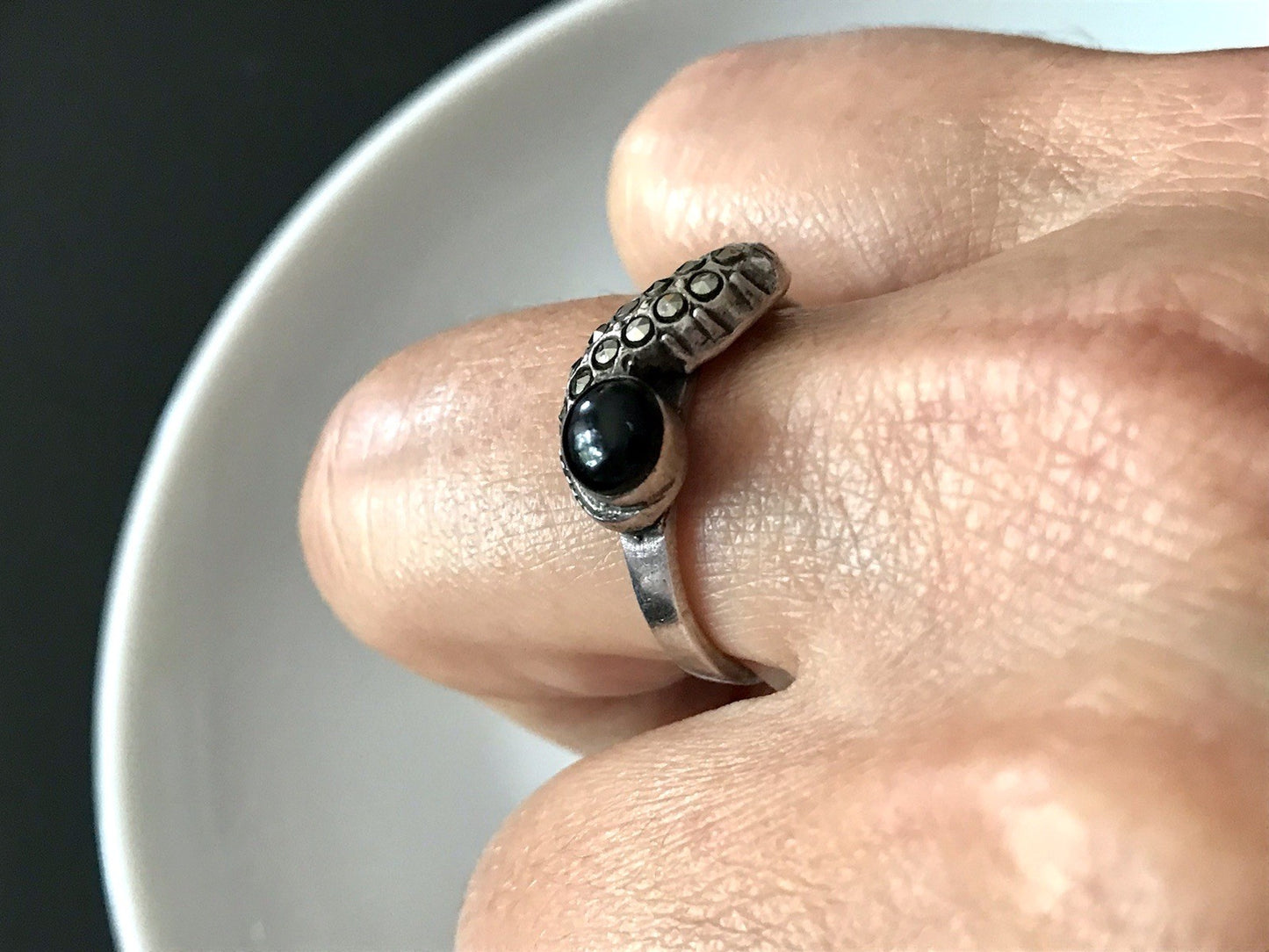 Antik? alt Art Déco Edel Onyx Markasite DAMEN RING Silber 925 Gr.57