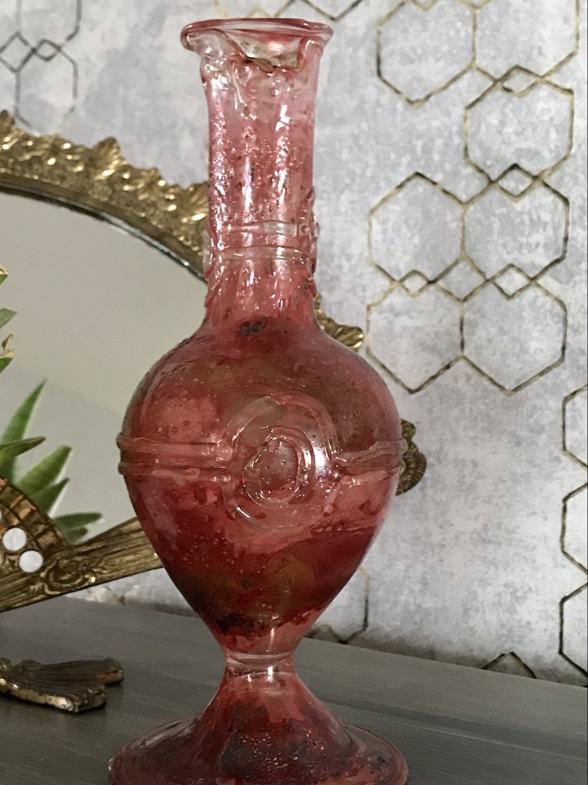 Vintage Pavel Molnār Glas Glaskunst Glasvase rot Faden Aufschmelzungen signiert